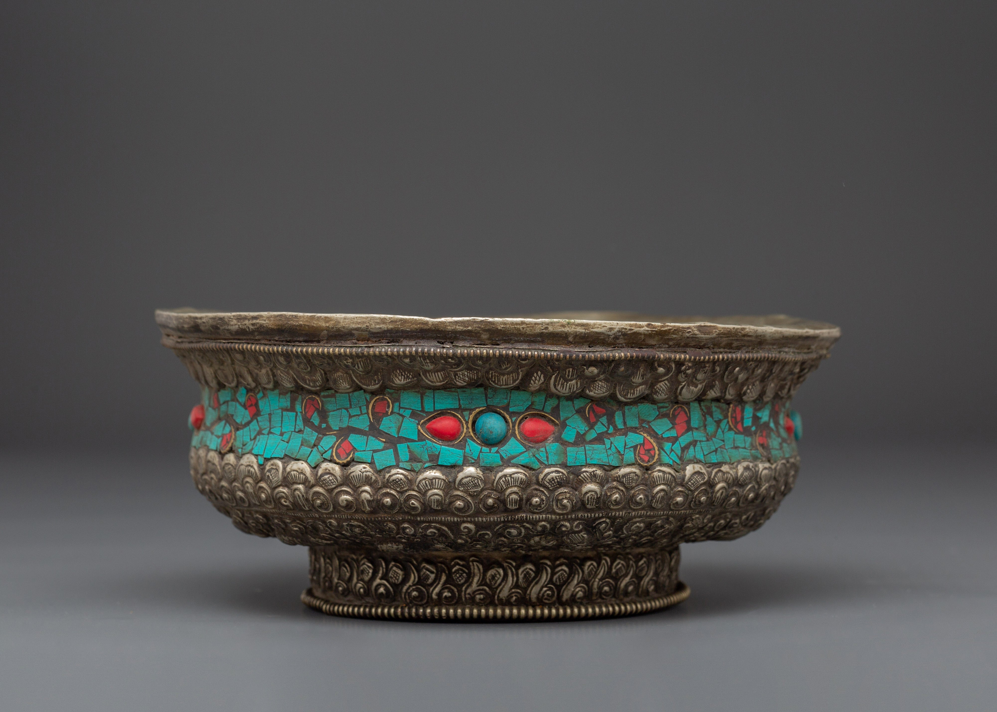 Coral and Turquoise Inlaid Bowl | Shrine Offering Bowl