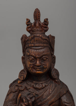 Tantric Master Guru Rinpoche Cedar Wood Statue | Sacred Buddhist Sculpture