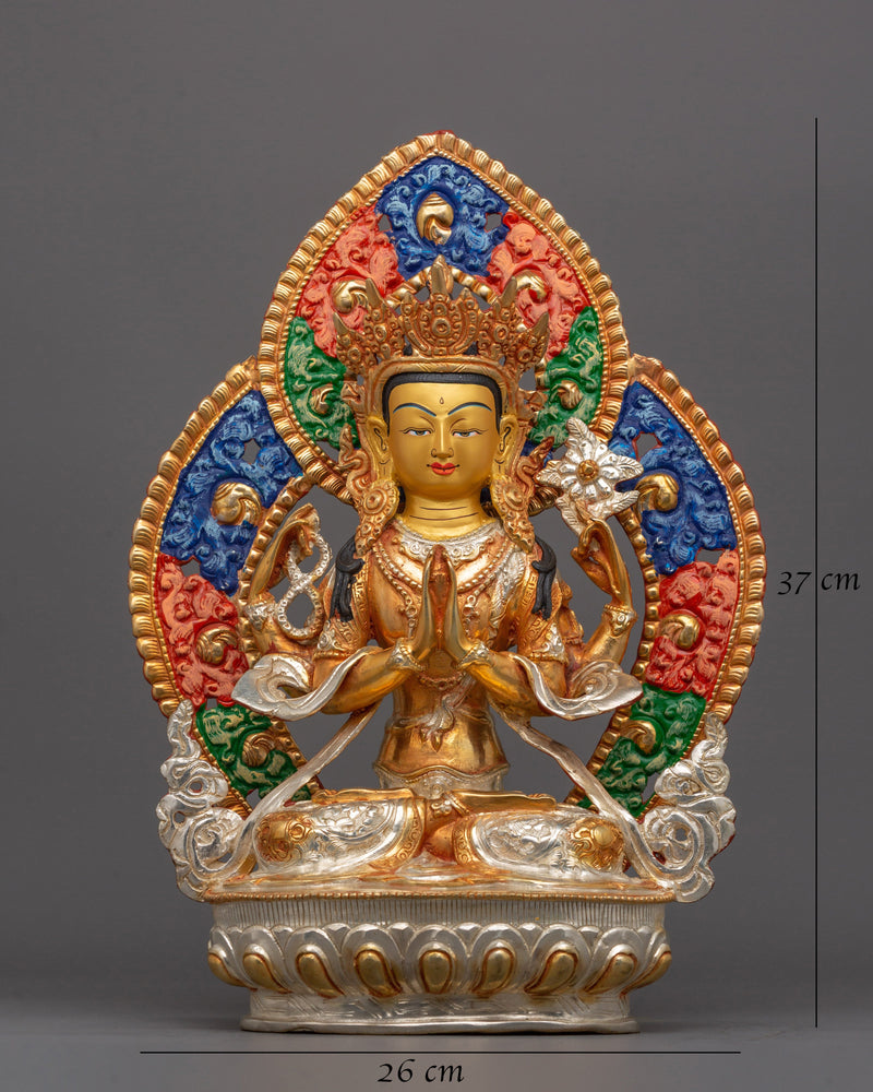 Handmade Chenrezig Meditation Statue | Electro Gold and Silver Plated Tibetan Altar Decor