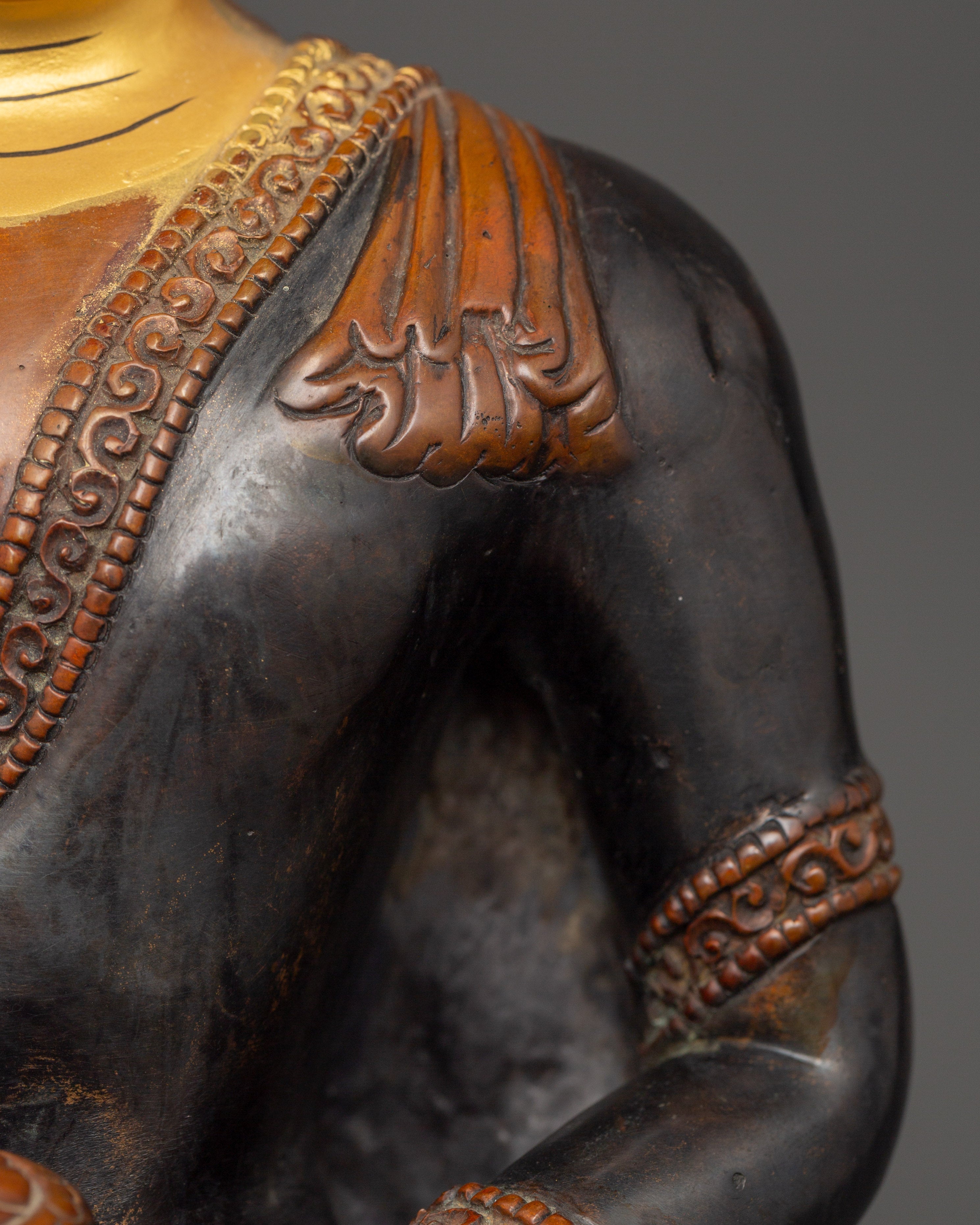 Shakyamuni Buddha Tibetan Buddhist Statue | Oxidized Copper Body with Gold Plating