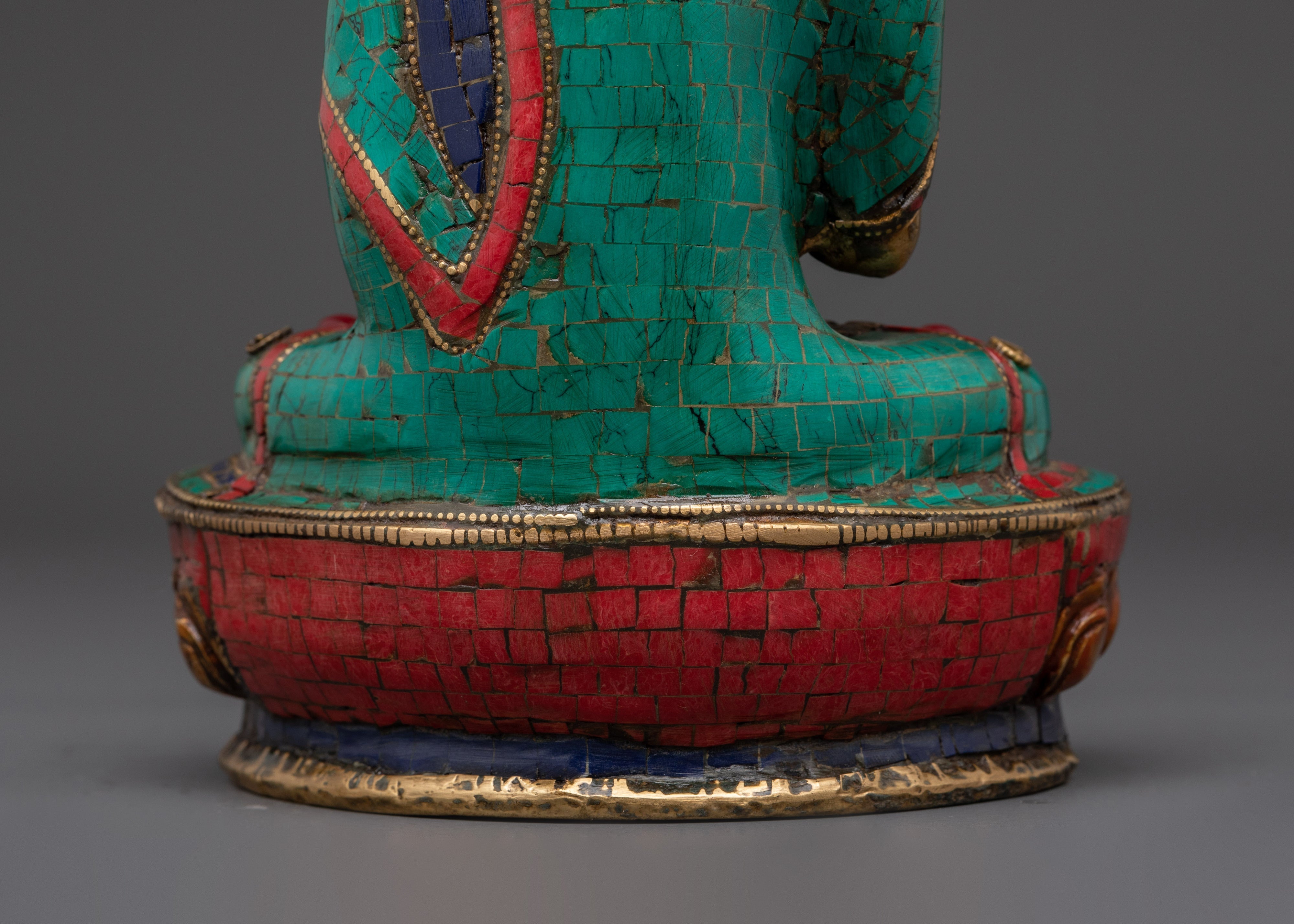 Handmade Amoghasiddhi Buddha Sculpture | Brass, Coral & Turquoise Inlay