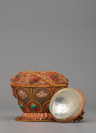 Crystal Dhupur Rice Pot | Handcrafted Copper Pot with Filigree and Gold Plating