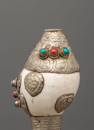 Conch Symbol of Sound and Spirituality | Silver Plated with Turquoise & Coral Inlays
