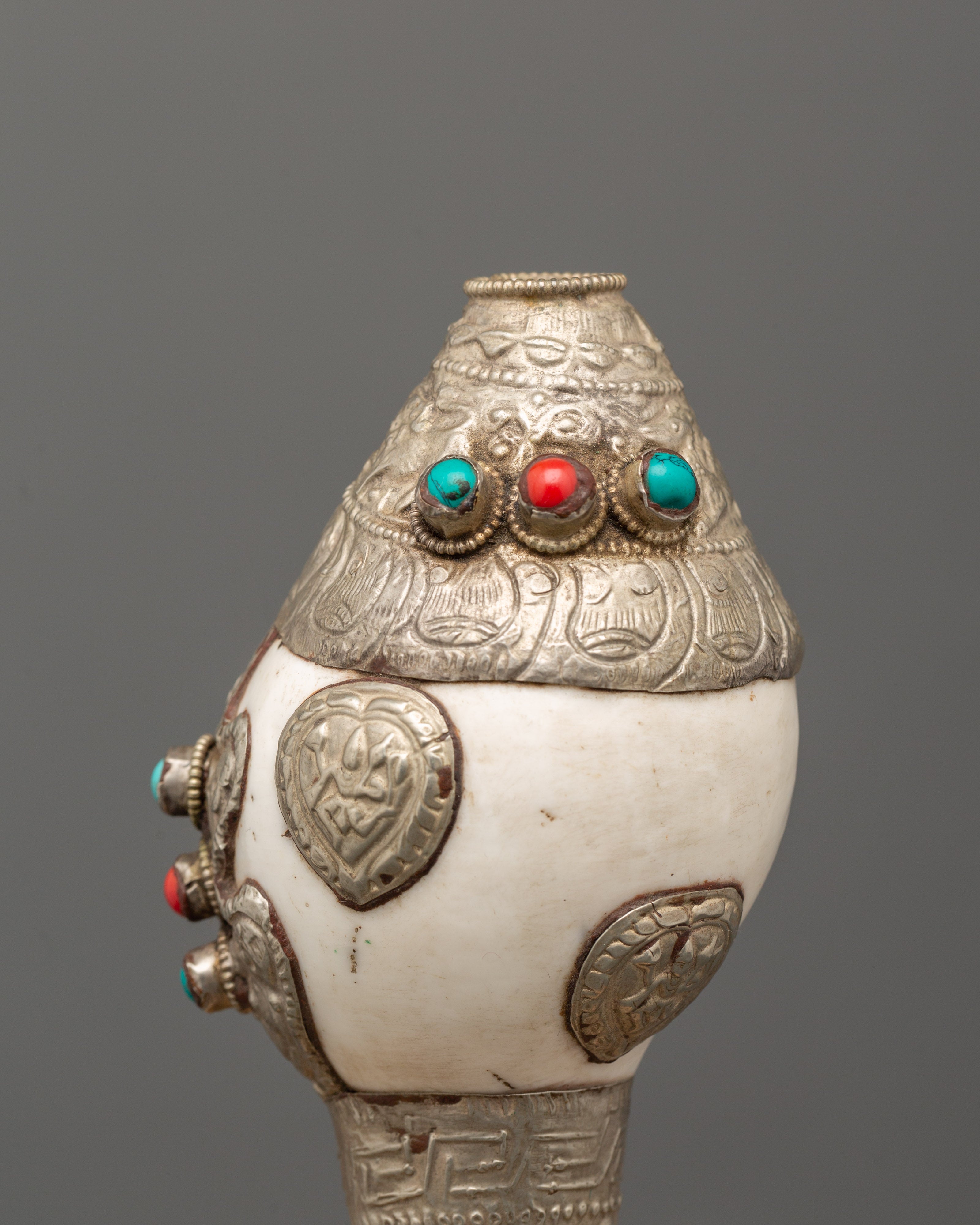 Conch Symbol of Sound and Spirituality | Silver Plated with Turquoise & Coral Inlays