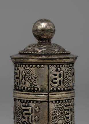 Intricate Tibetan Prayer Wheel for Meditation & Blessings | Compact Copper & Brass Ritual Tool