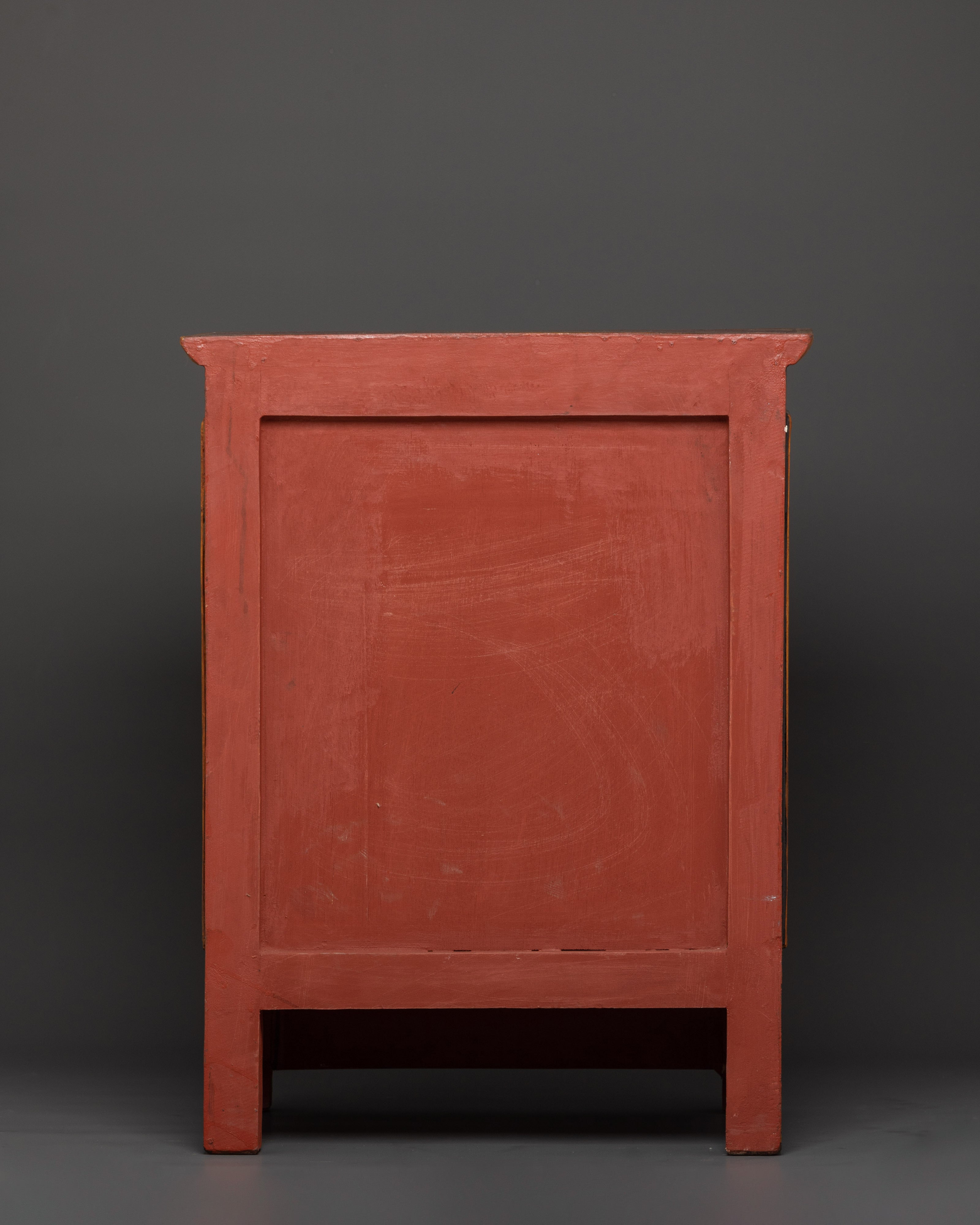 Handcarved Tibetan Wood Cabinet | Engraved Snow Lion Guardian