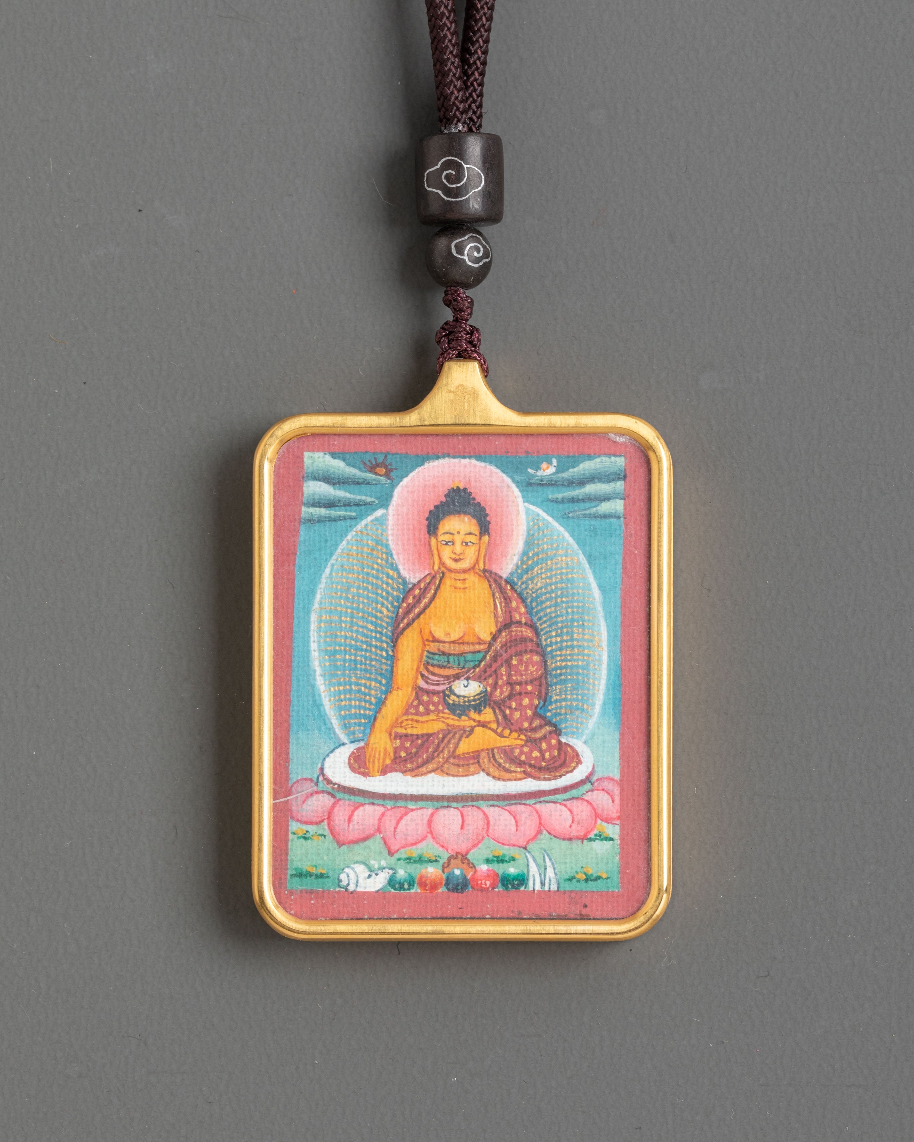 Hand Painted Shakyamuni Thangka Pendant | Gold-Plated Copper Spiritual Jewelry
