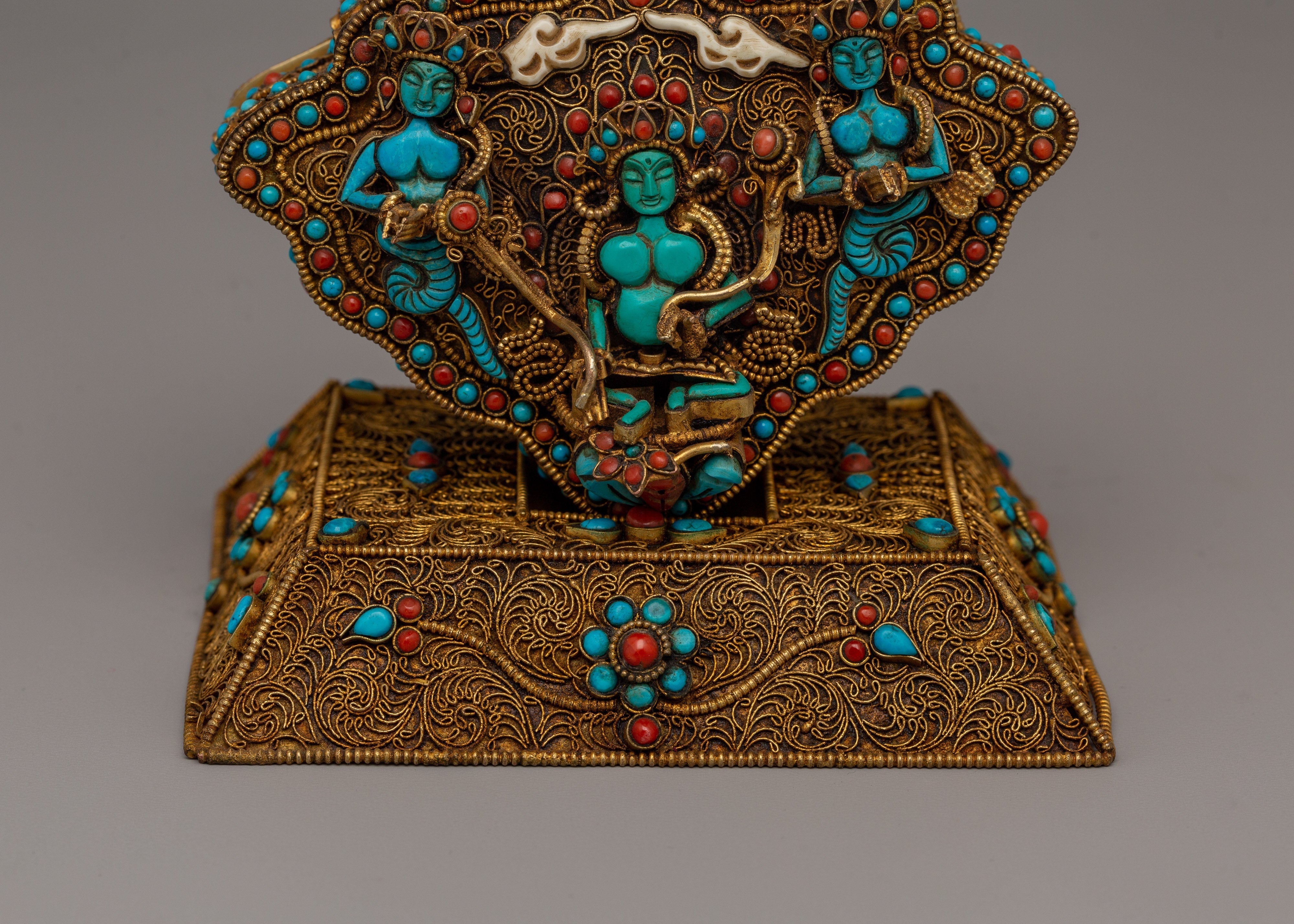 Copper Ghau Box | Tibetan Relic Holder with Filigree Work and Stones165