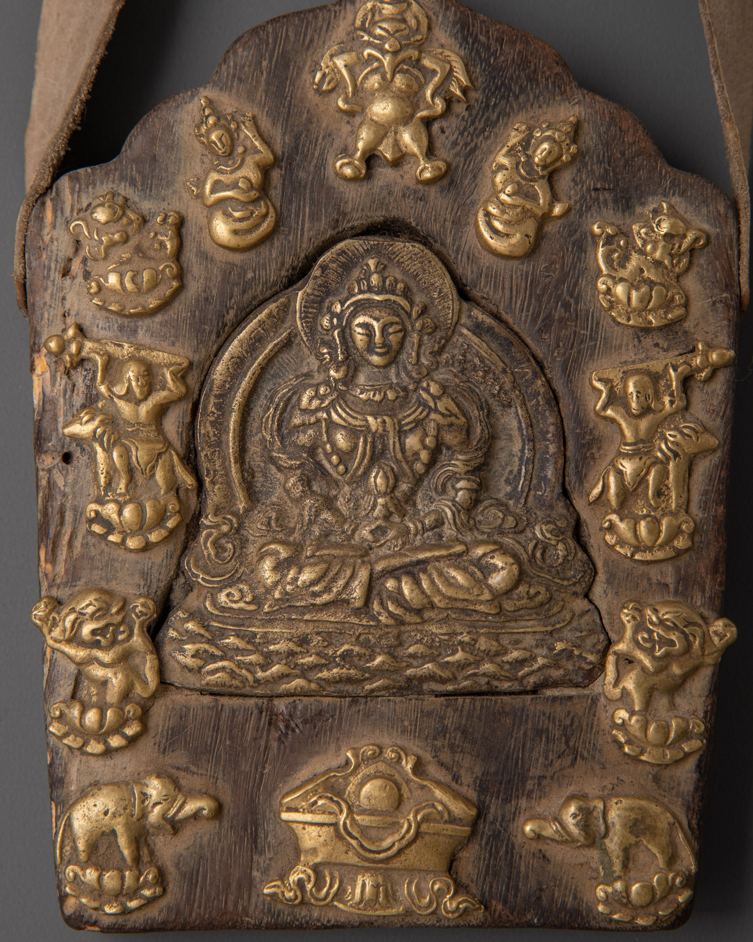 Handcrafted Tibetan Wood Ghau Box with Gold-Plated, Copper