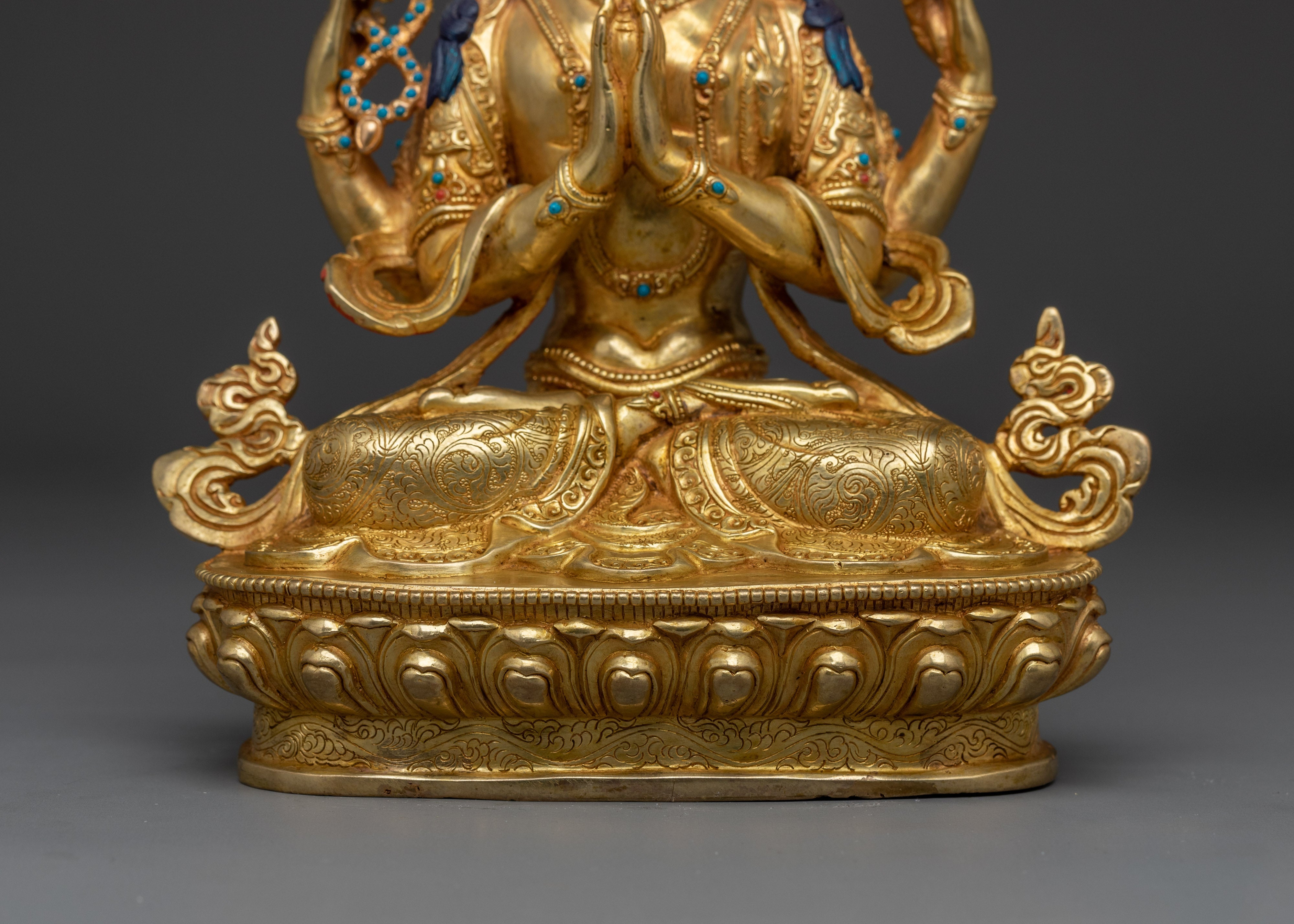 Tibetan Copper Chenrezig with Gemstone Inlay | Avalokiteshvara Sculpture for Meditation