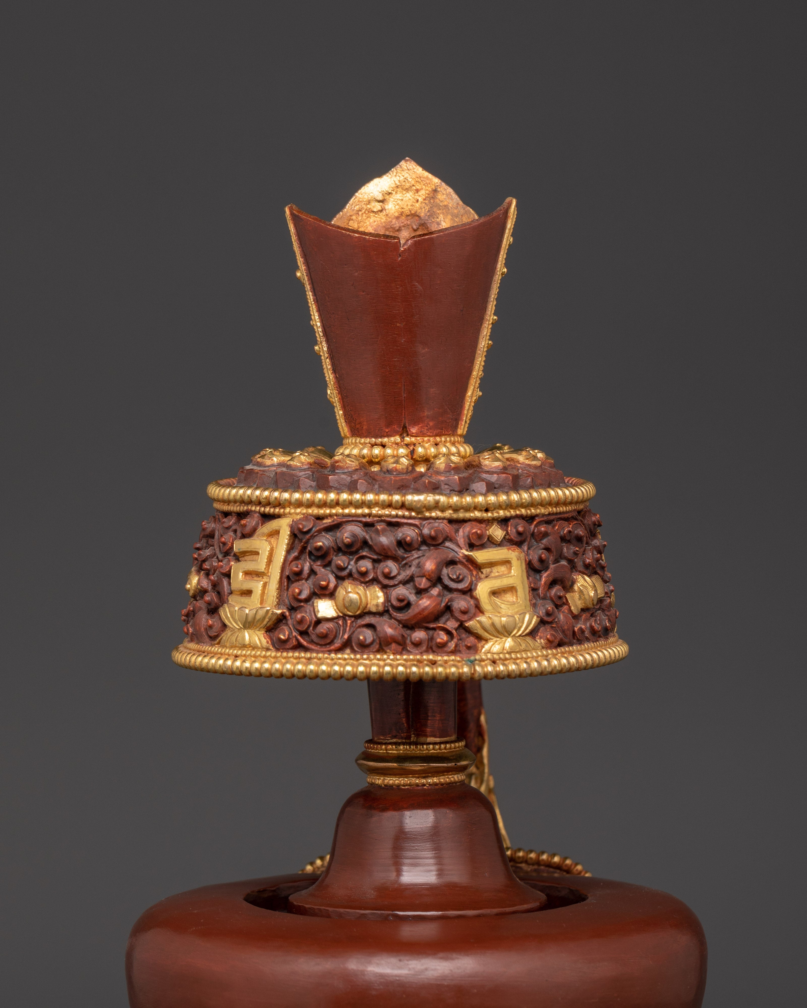 Pair of Tibetan Bhumba Vases | Gold-Plated Copper Vessels with Coral Inlay