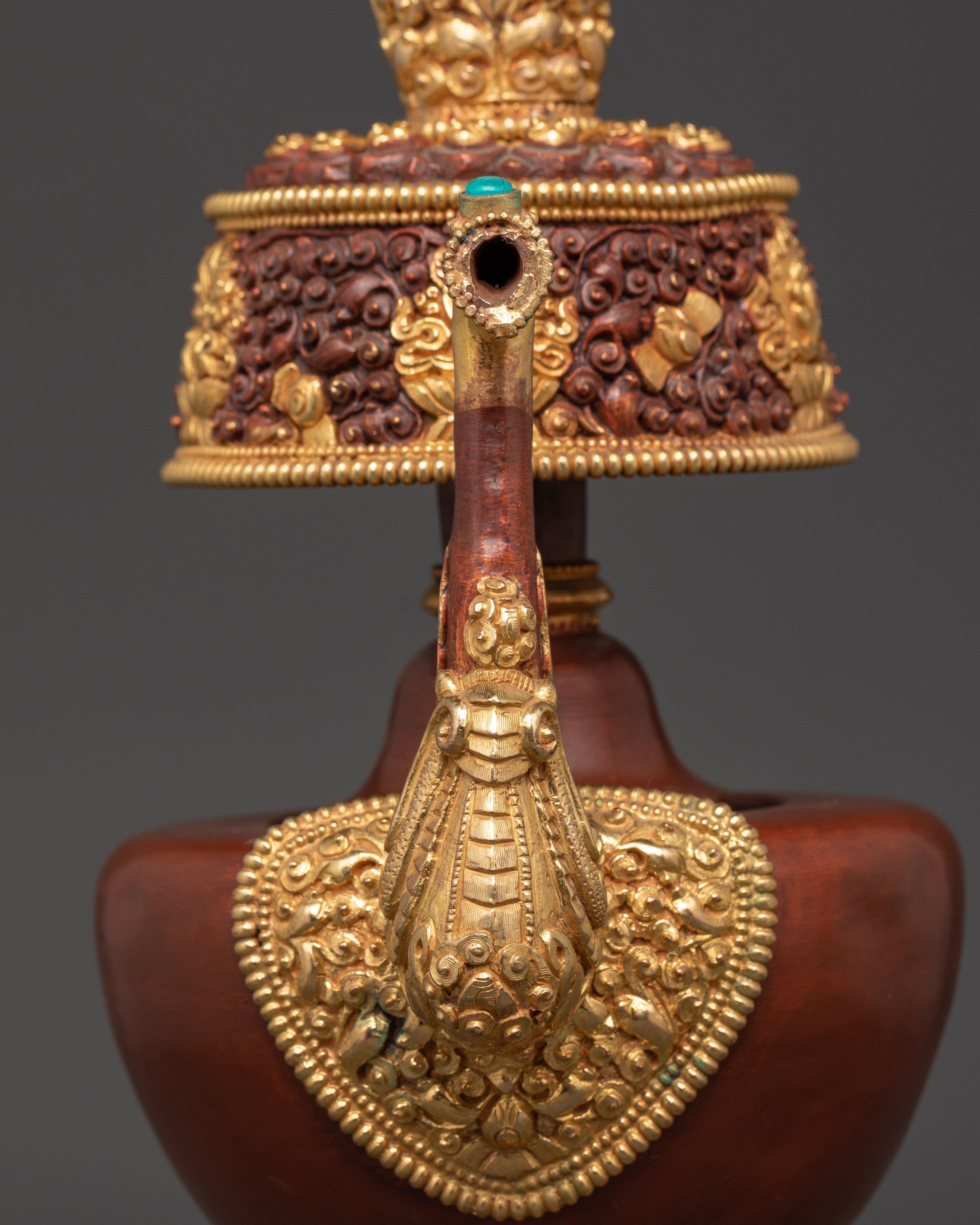 Pair of Tibetan Bhumba Vases | Gold-Plated Copper Vessels with Coral Inlay