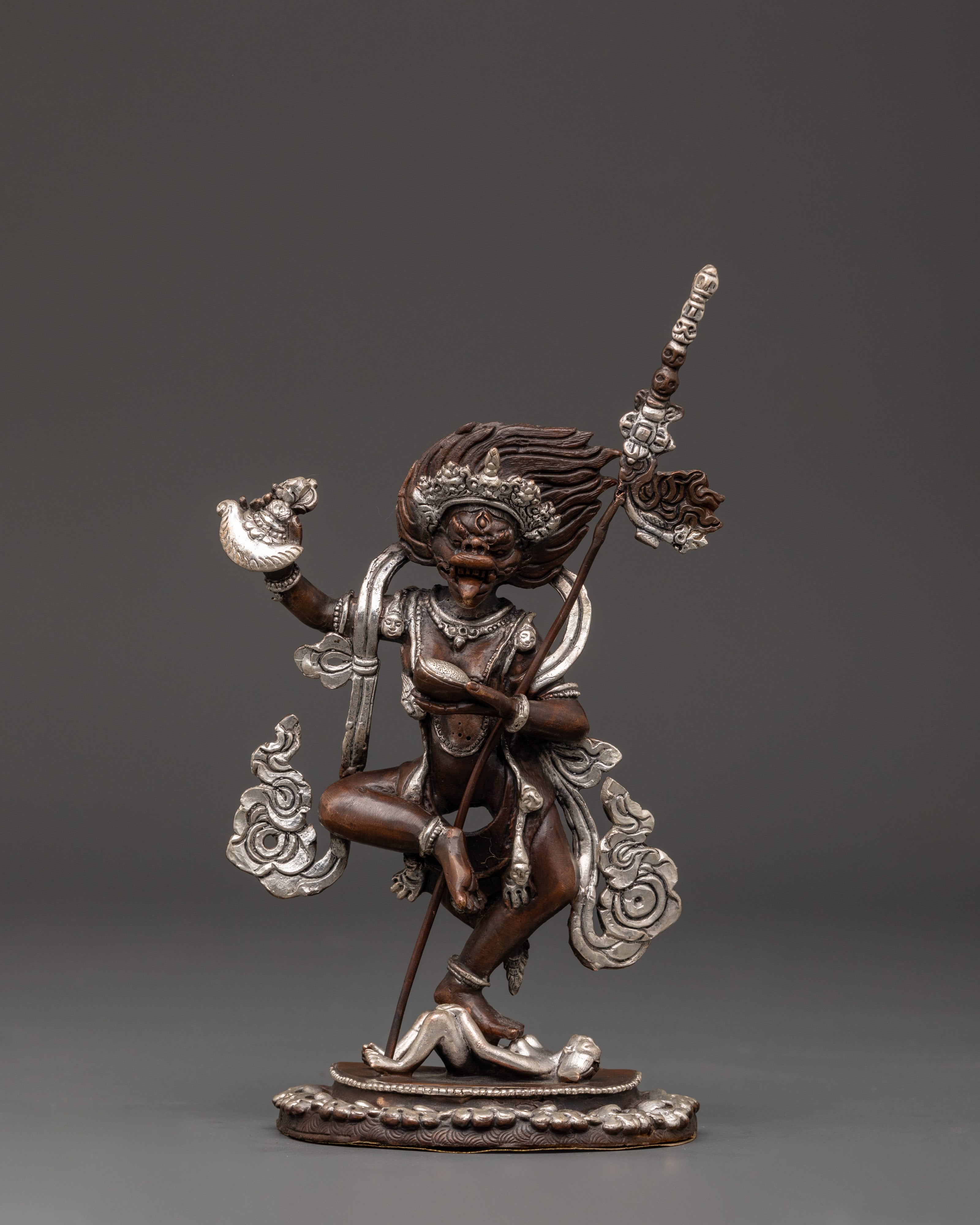 Yogini Simhamukha Statue | Sacred Oxidized Copper & Silver-Plated Sculpture