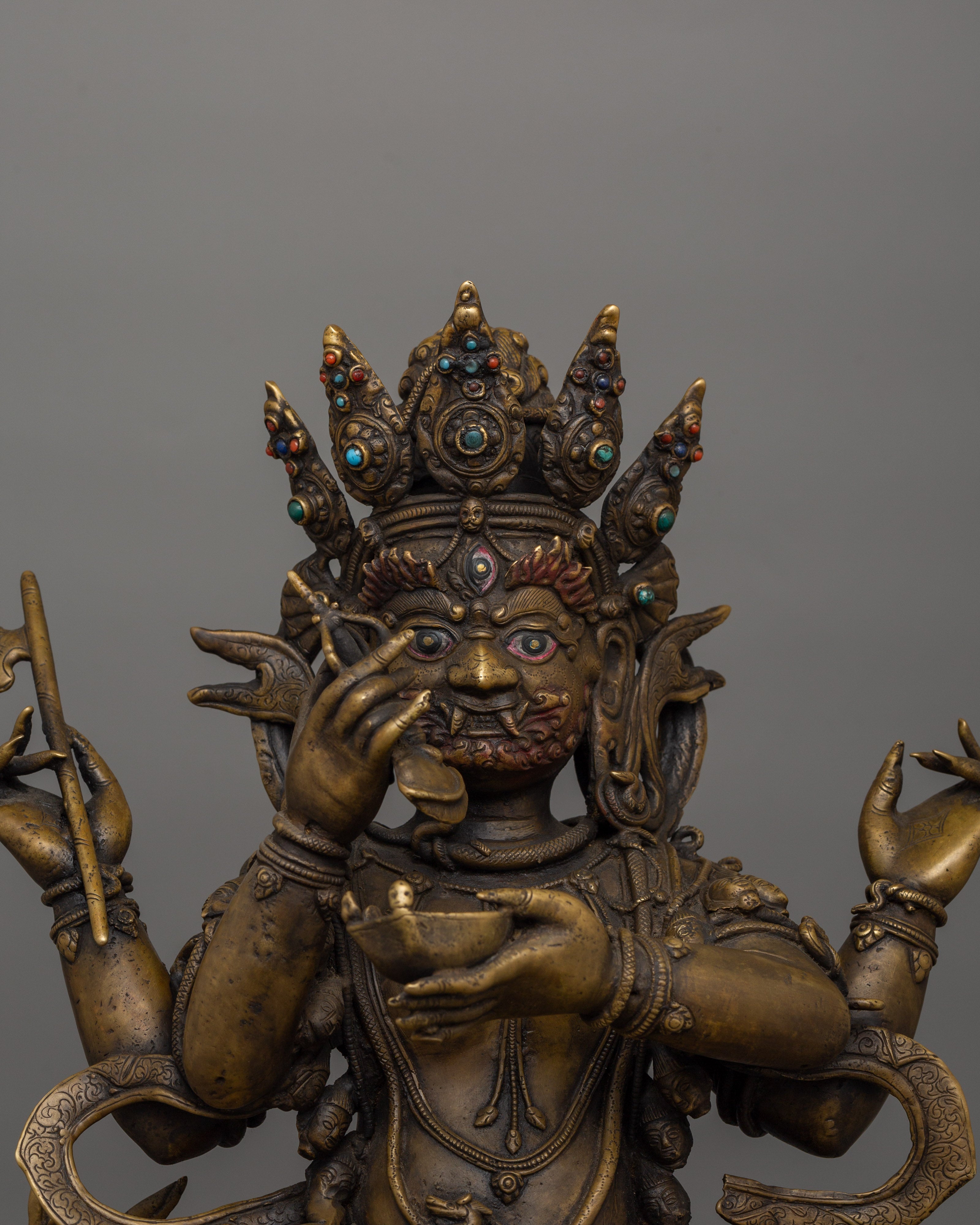 Four Armed Mahakala Statue | Tibetan Protector Deity Sculpture