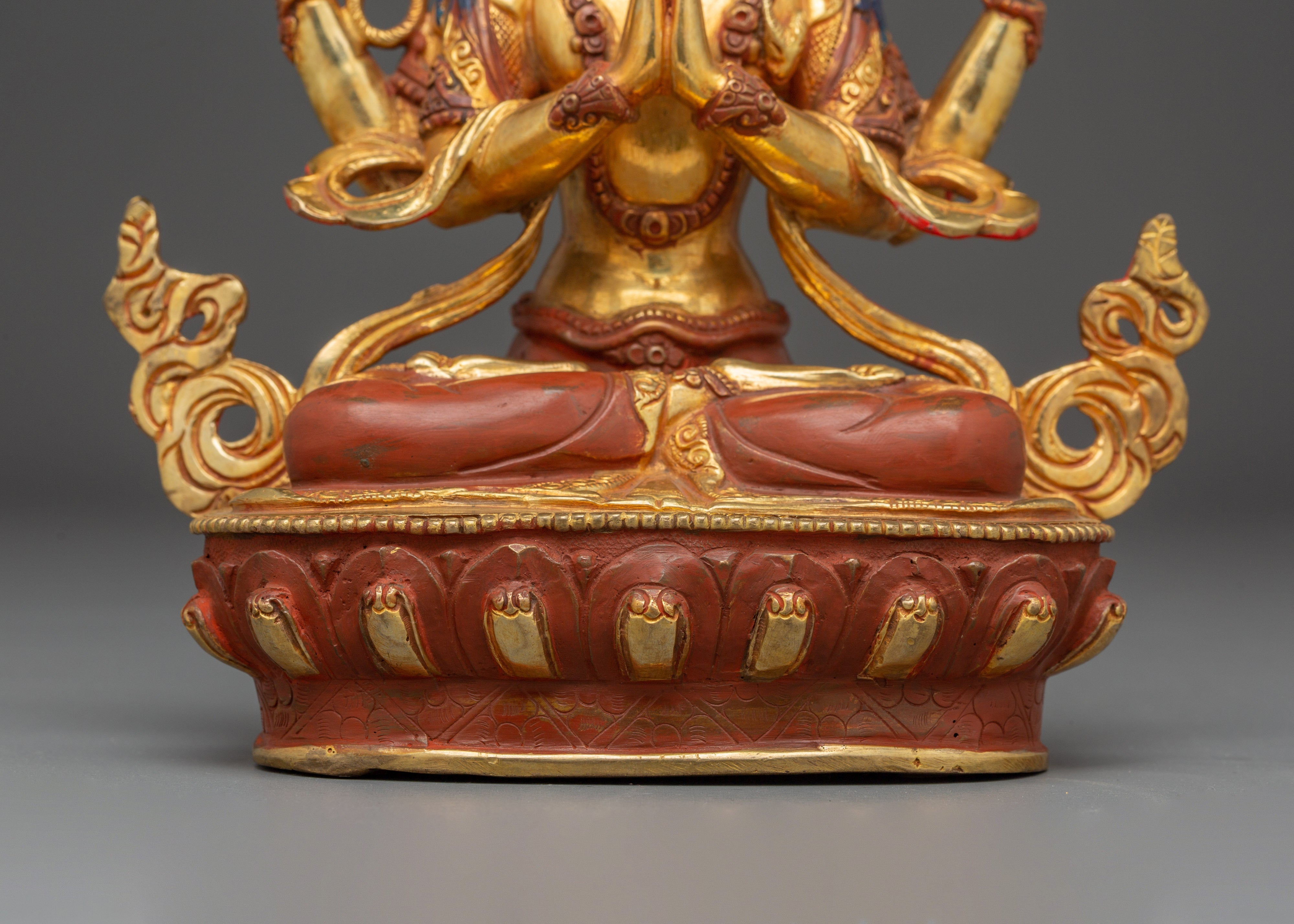 Sacred Statue of Bodhisattva Chenrezig | Copper & Gold Gilded with Acrylic Color
