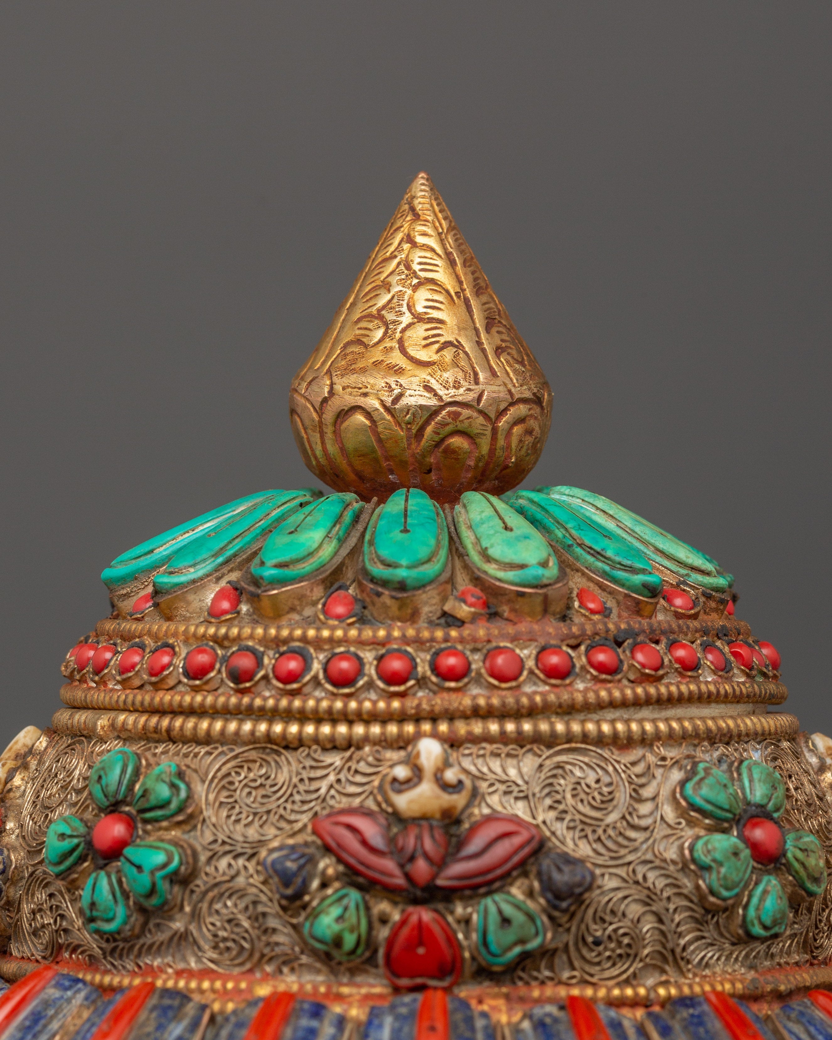 Tibetan Ritual Rice Pot with Coral | Buddhist Ritual and Altar Use