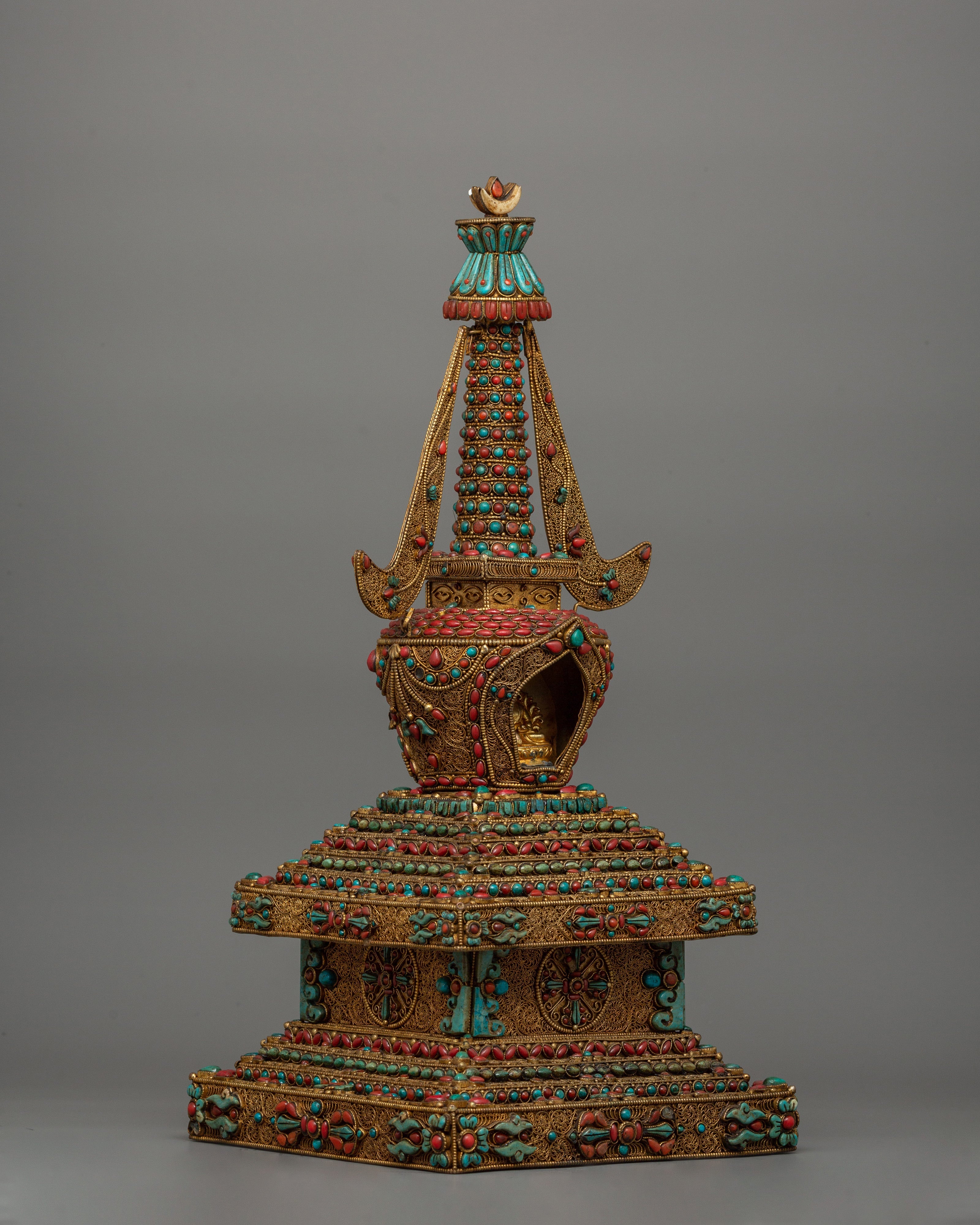 Decorative Stupa with Buddha Figure | Copper Stupa with Gold Plating