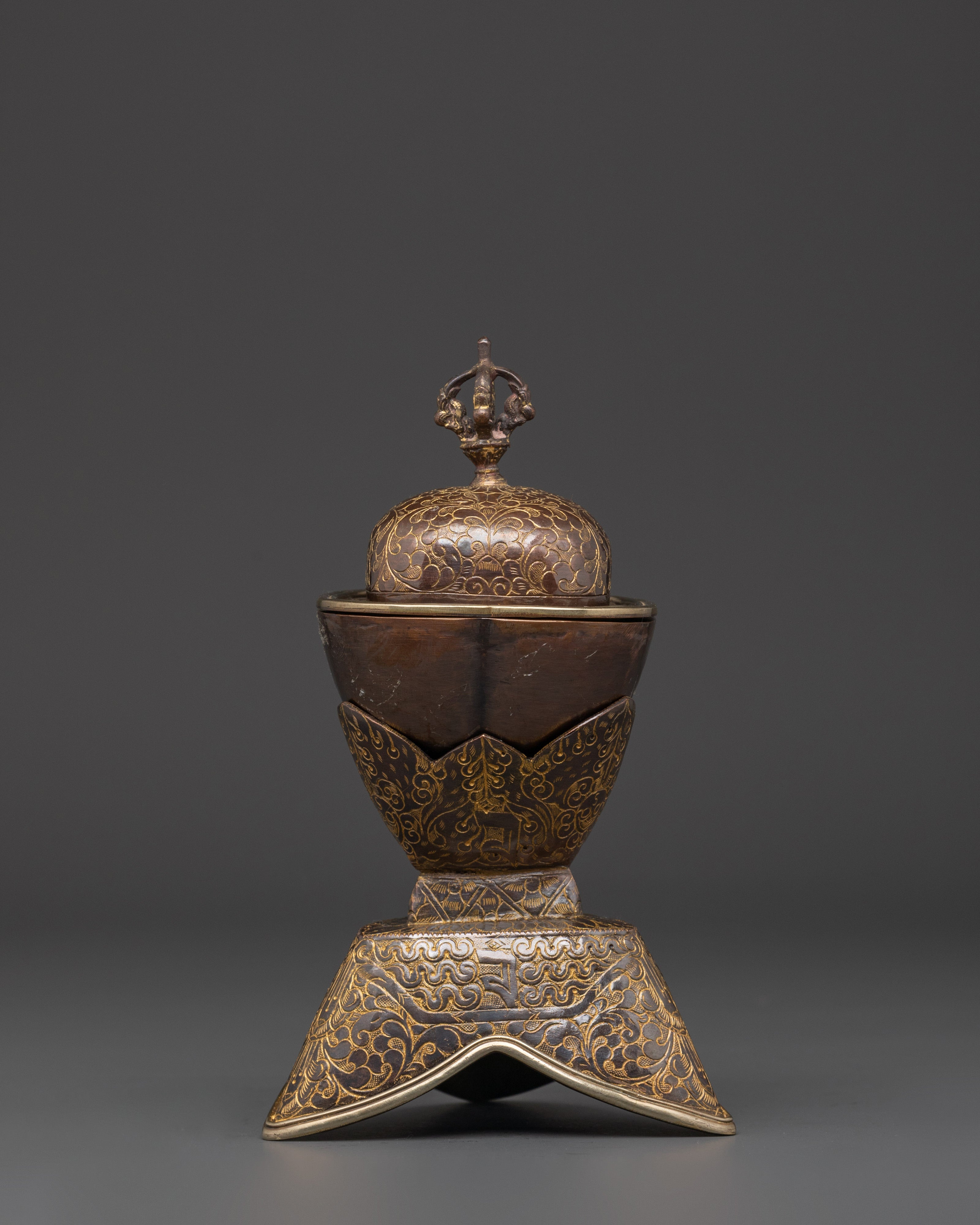 Tibetan Kapala Set for Buddhist Rituals | Oxidized Copper Skull Cup with Vajra Lid