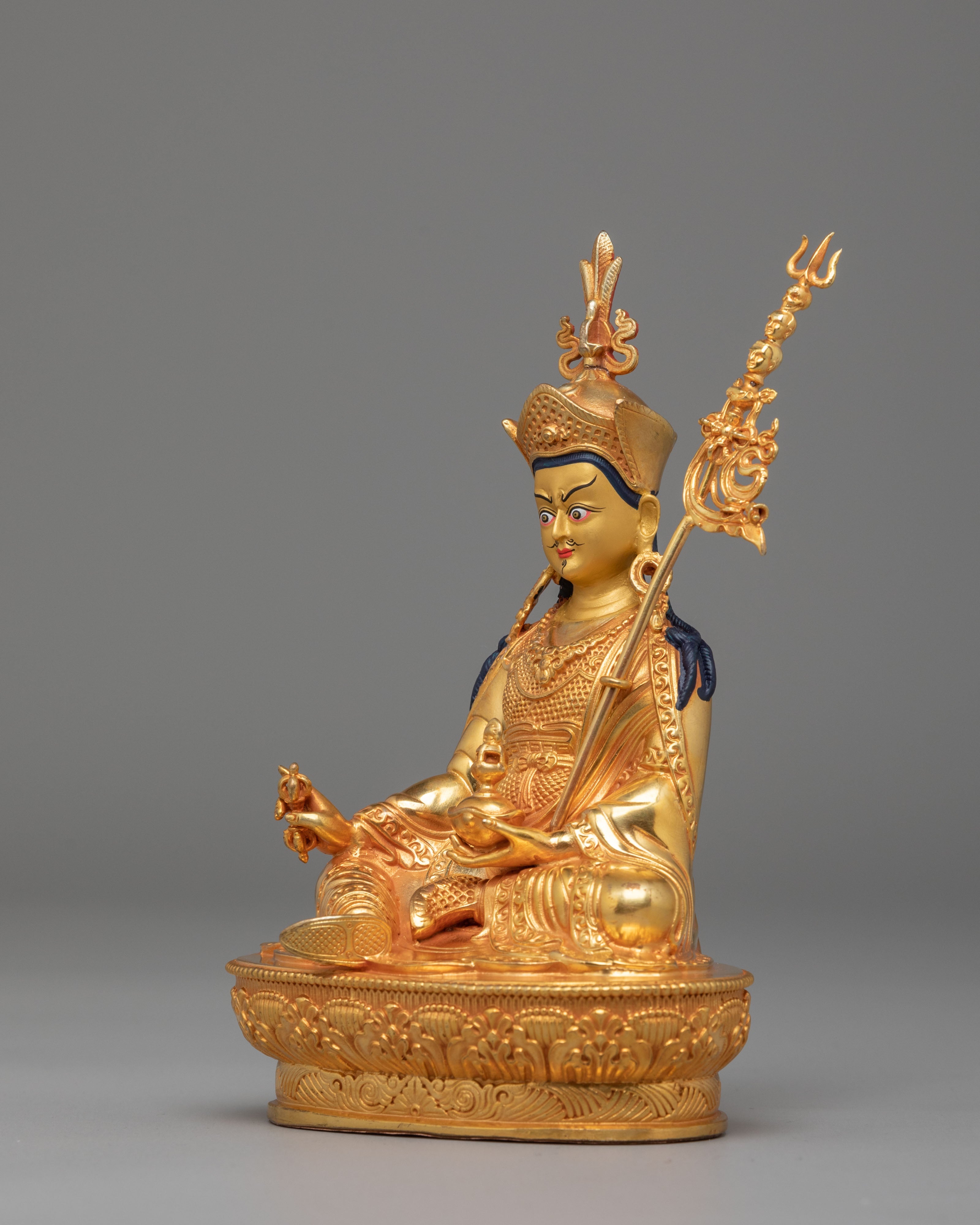 Machine Made Padmasambhava Statue | 24K Gold Plated Copper Buddhist Sculpture