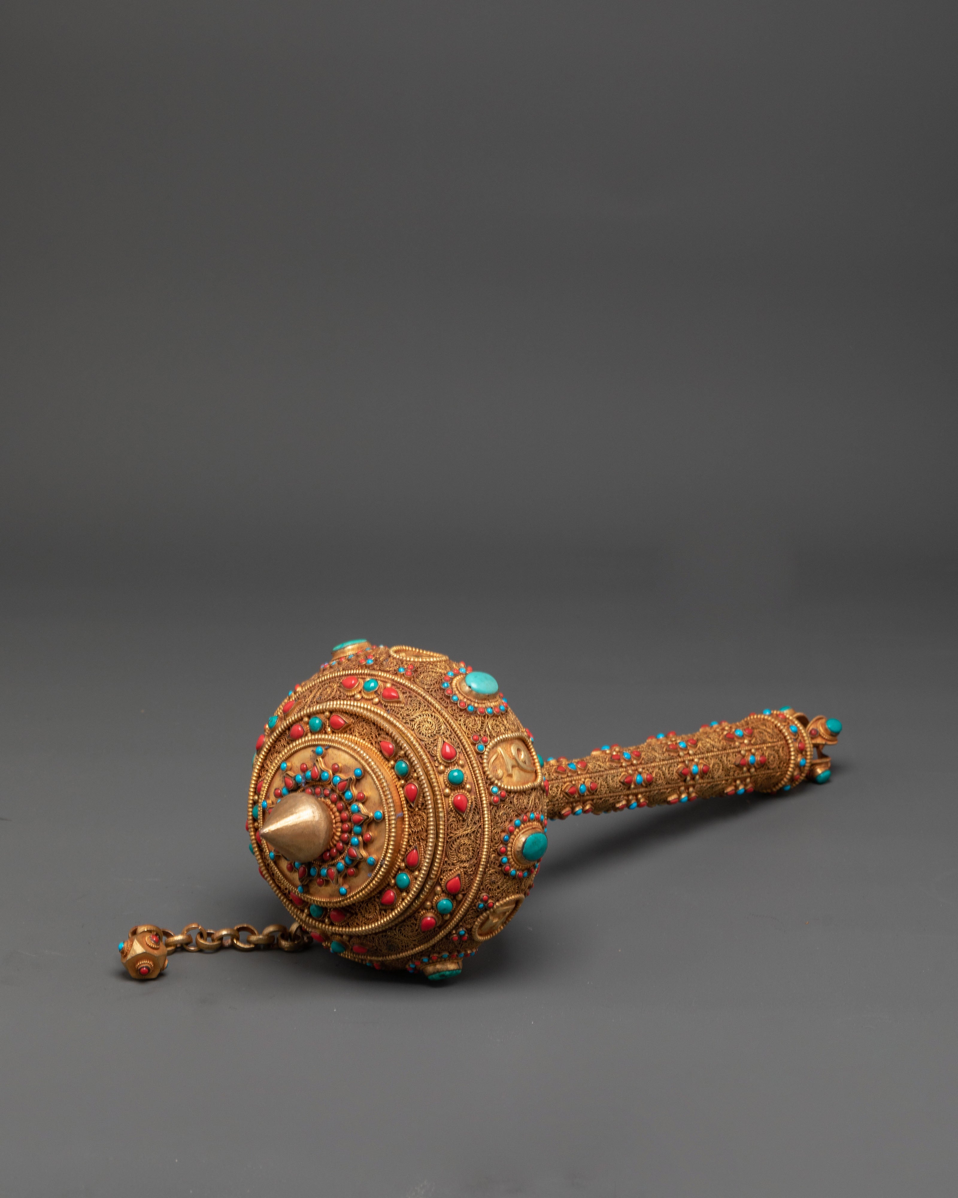 Prayer Wheel for Accumulating Merit | Gold Plated Copper Wheel with Coral and Turquoise