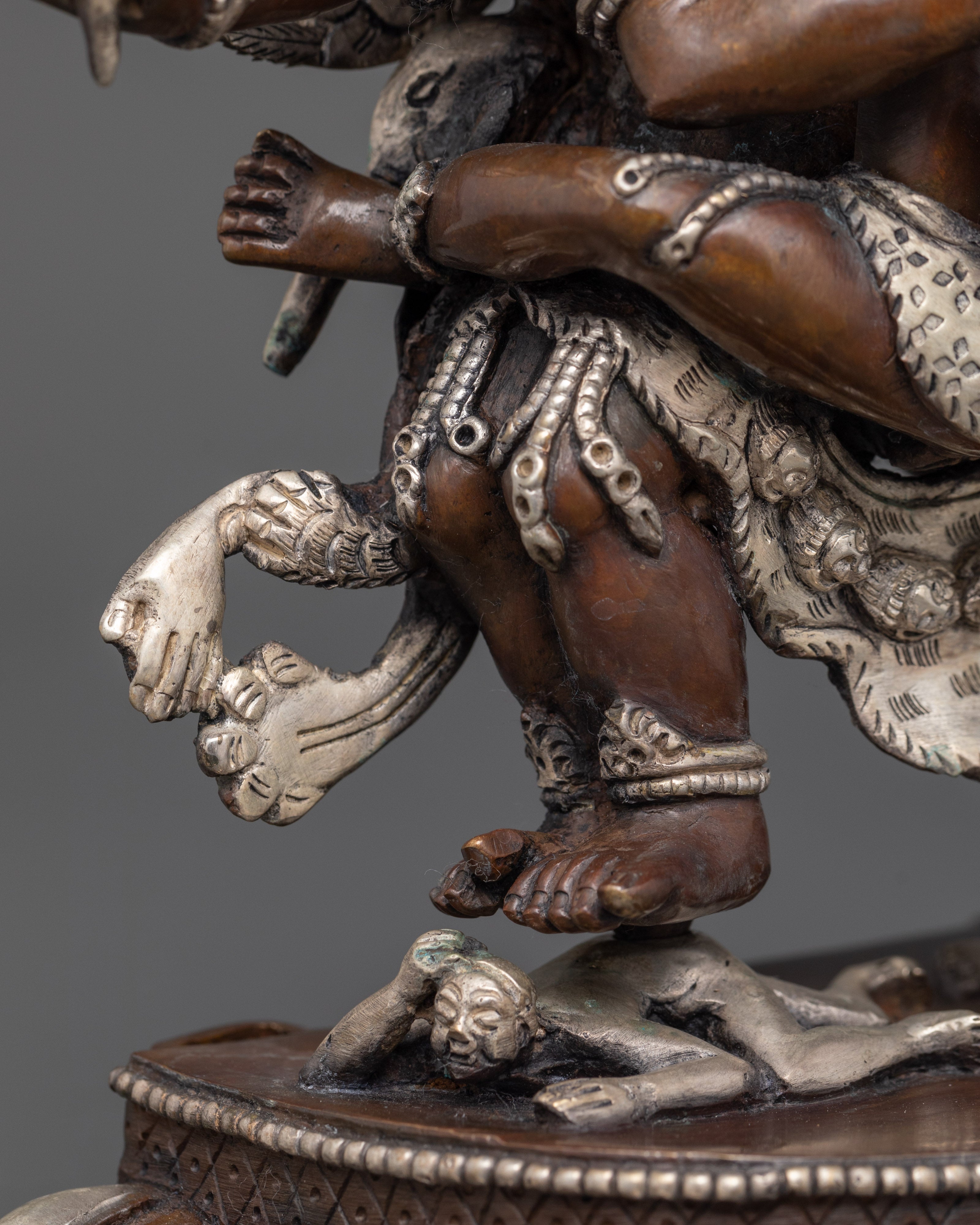 Sacred Hayagriva Statue with Consort | Oxidized Copper and Silver-Plated Sculpture