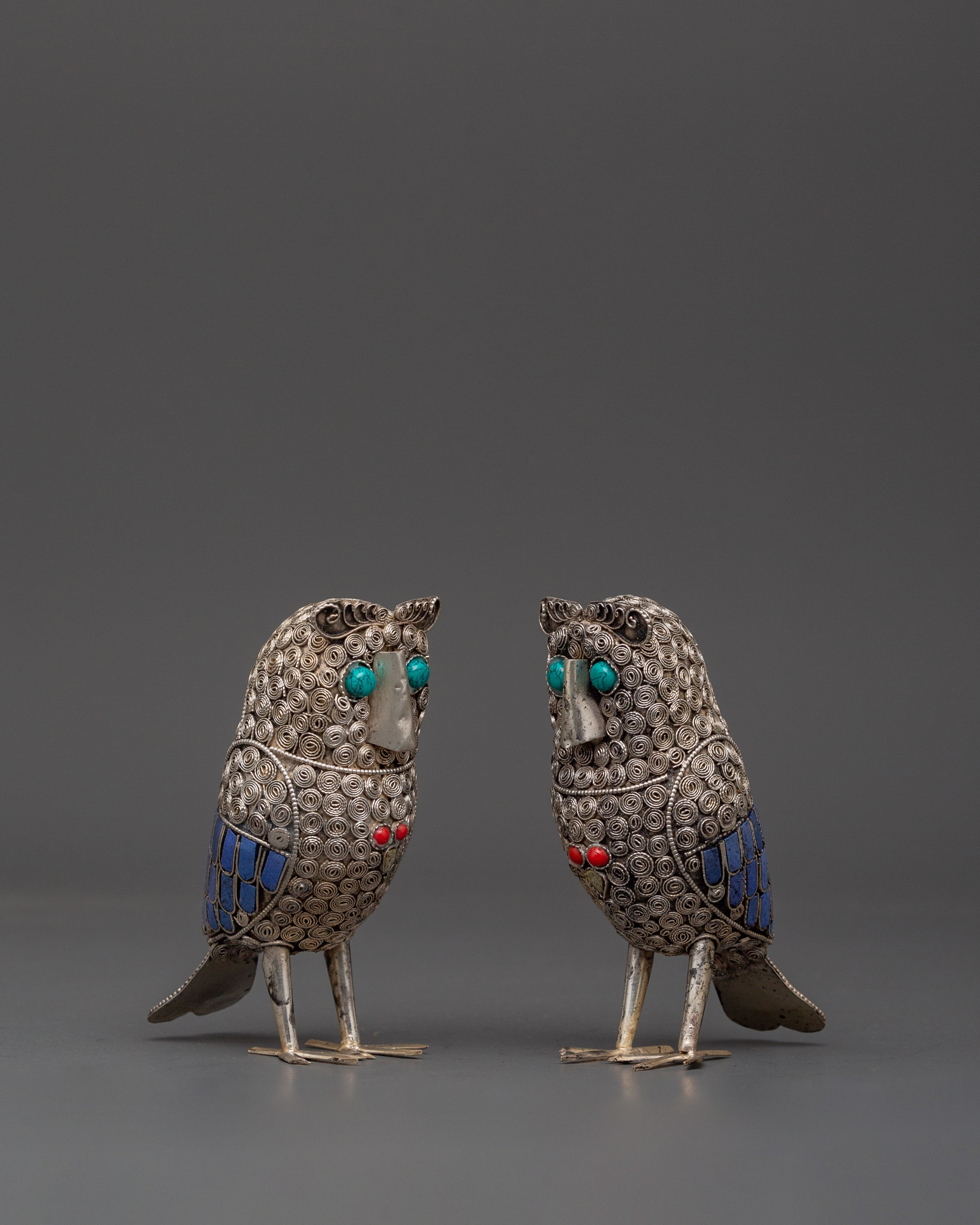 Handmade White Metal Owl Set | With Coral & Turquoise Stones