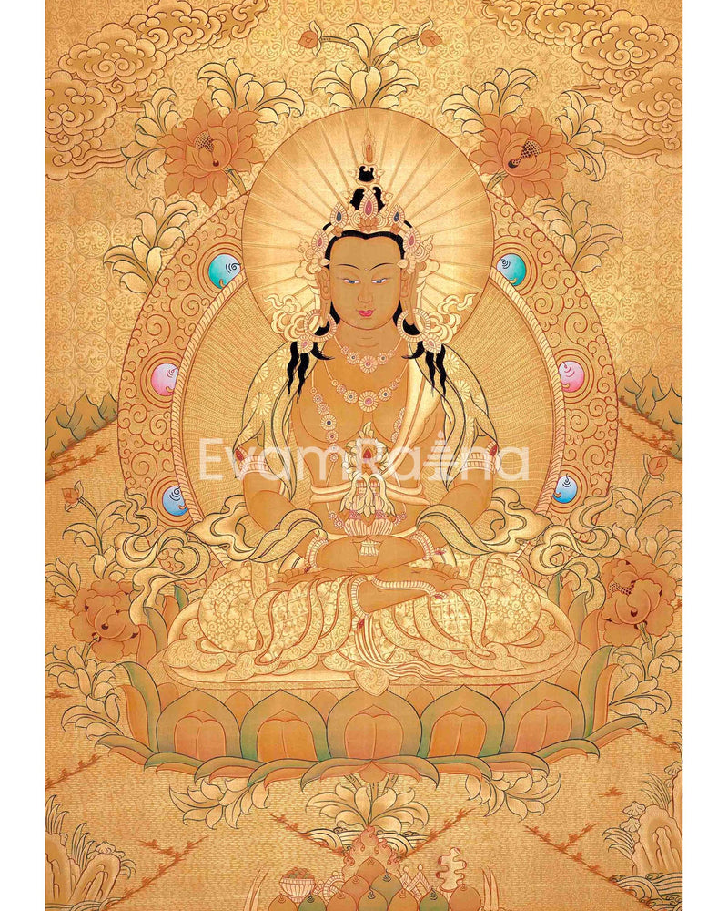 Amitayus Buddha Thangka Painting In Full Gold Style | Tibetan Thangka Painting | Religious Wall Decoration |