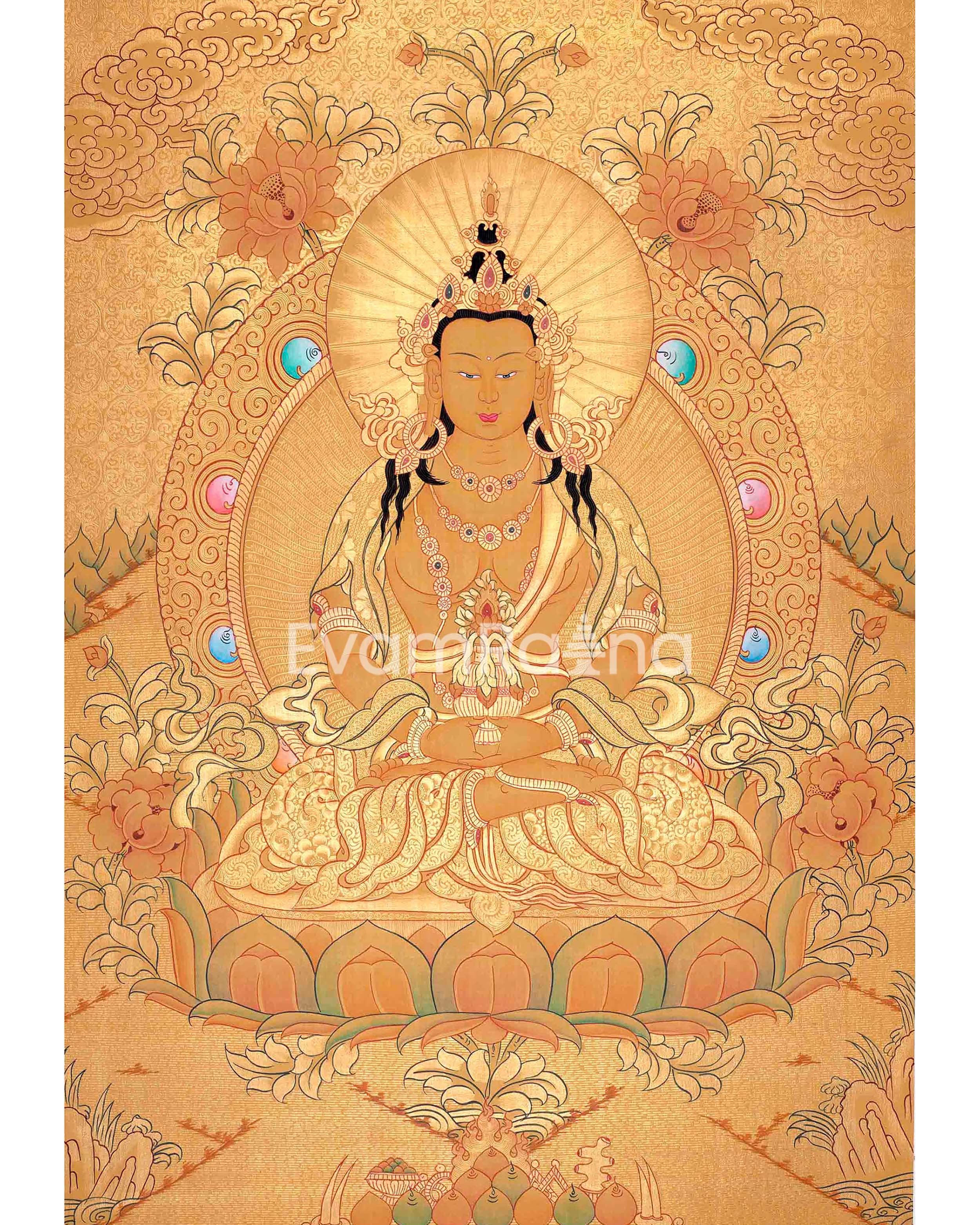 Amitayus Buddha Thangka Painting In Full Gold Style | Tibetan Thangka Painting | Religious Wall Decoration |