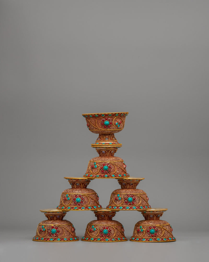 Set of Tibetan Offering Bowls | Turquoise & Coral Filigree Work for Altar Décor