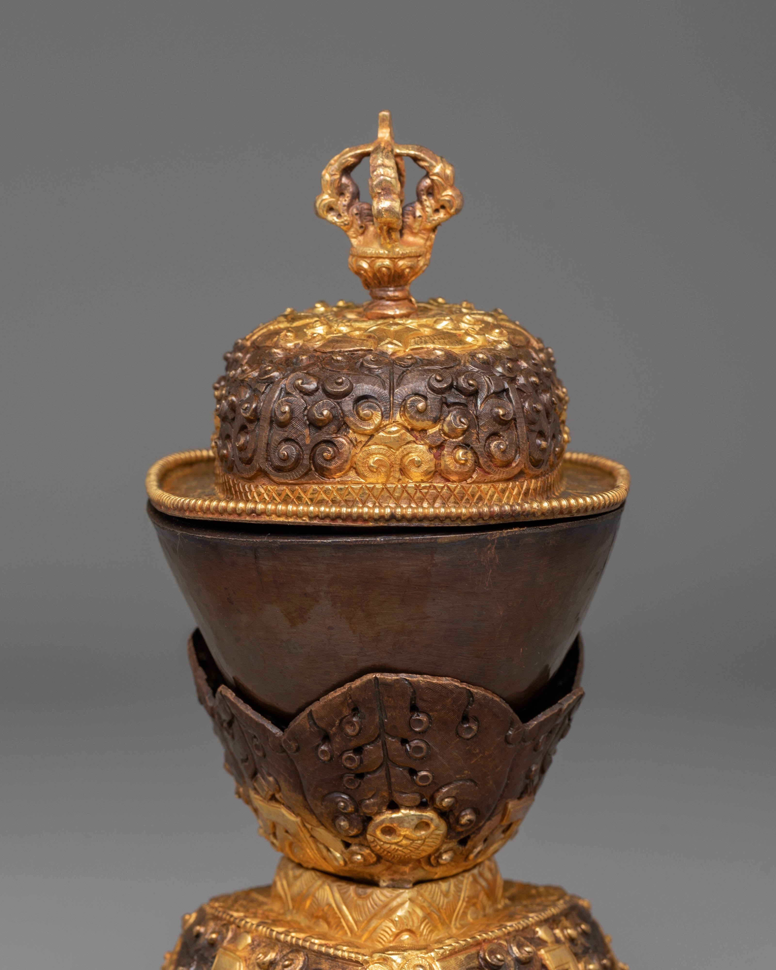 Handmade Kapala Sacred Ritual Set | Gold Plated Tibetan Offering Set