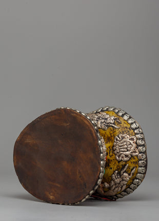 Ritual Drum with White Metal, Coral & Turquoise | Buddhist damaru