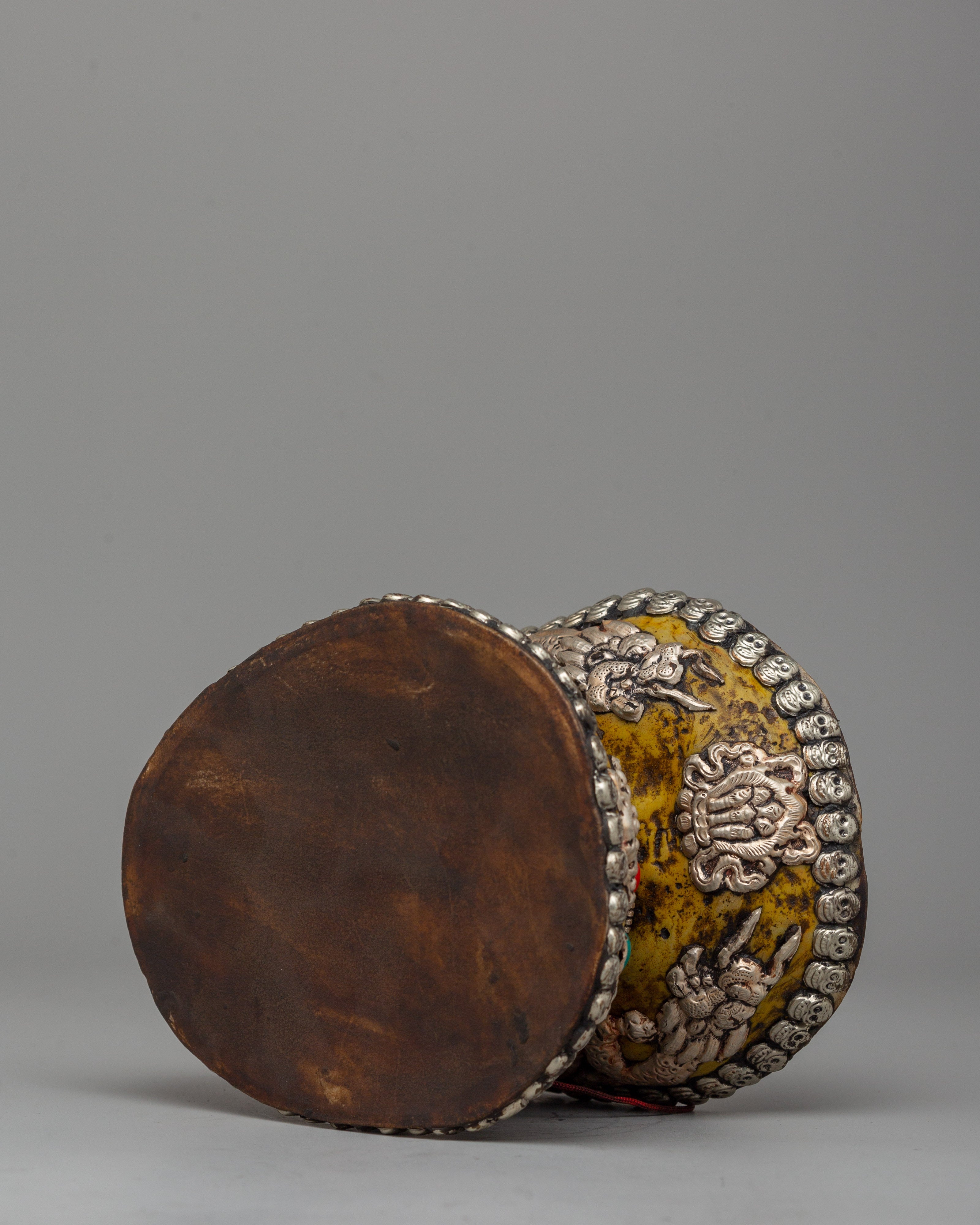 Ritual Drum with White Metal, Coral & Turquoise | Buddhist damaru
