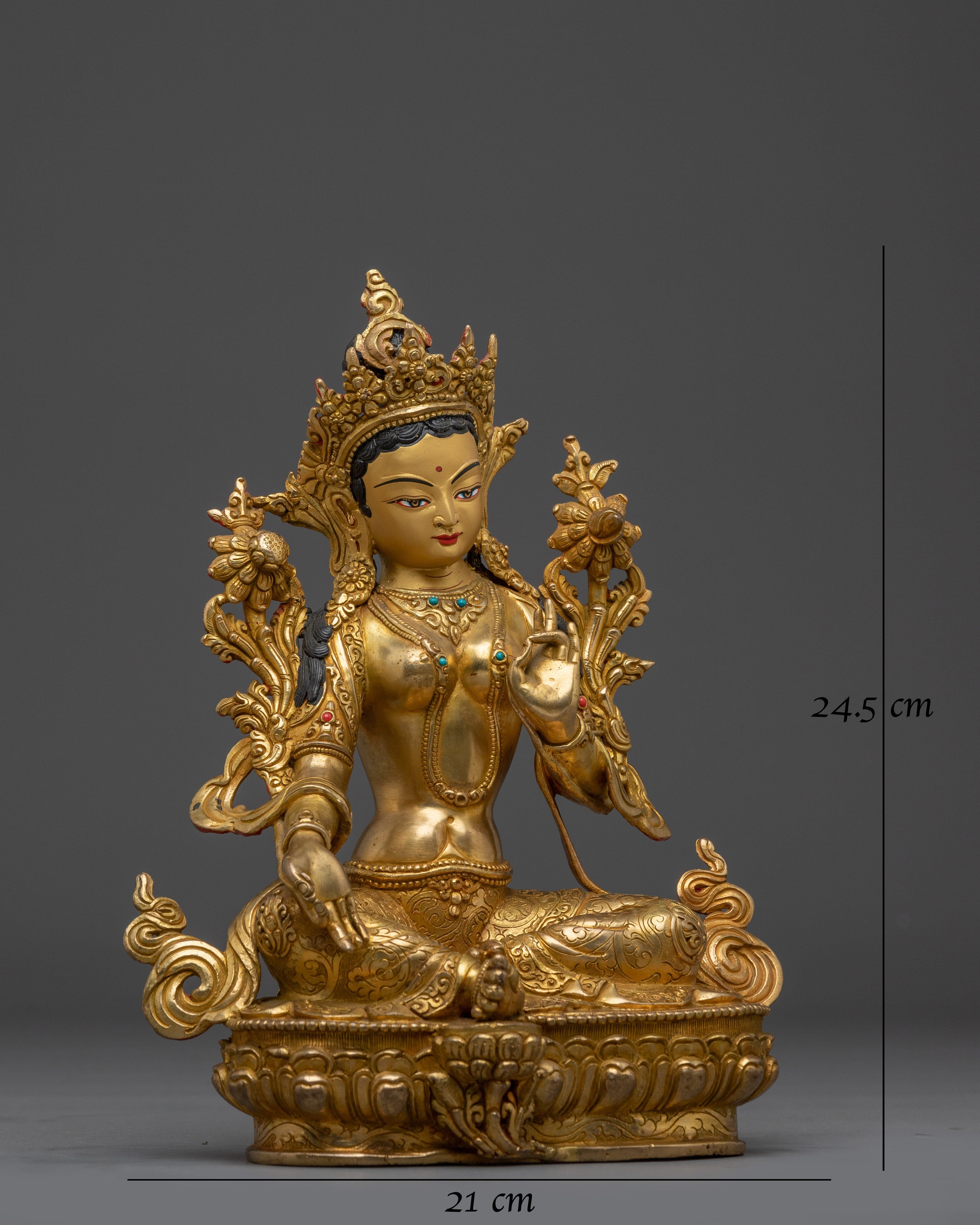 Green Tara Statue in Gold And Gemstones