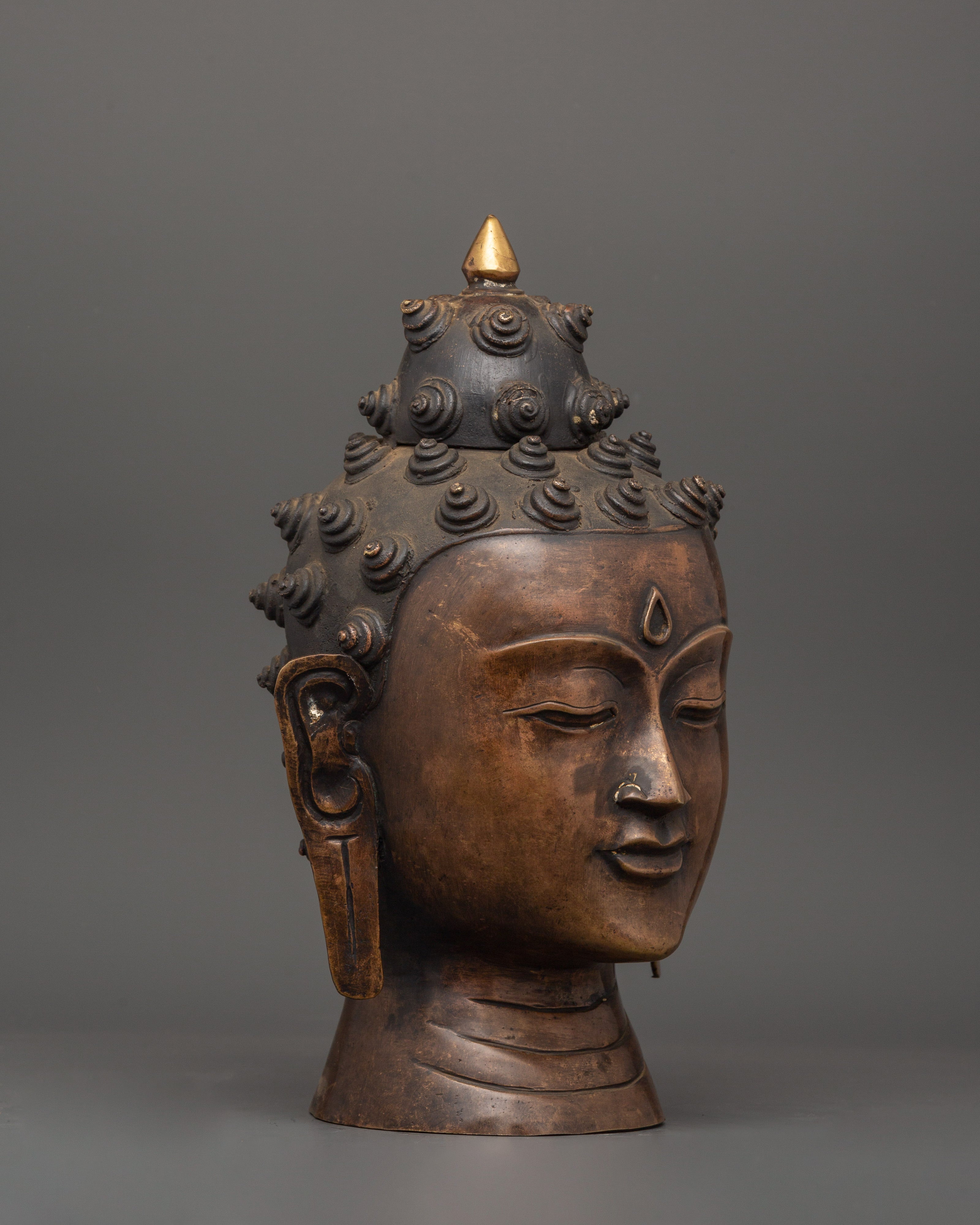 Sacred Buddha Head Sculpture | Handcrafted Oxidized Copper Buddha Head