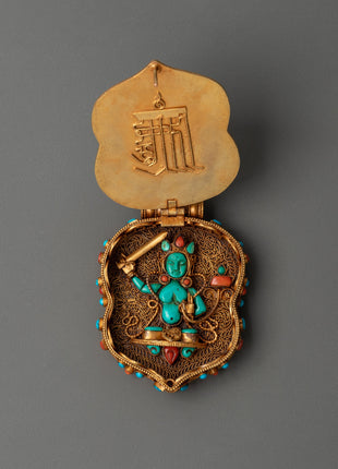 Gold Plated Deity Pendant with Coral | Sacred Buddhist Amulet Pendant