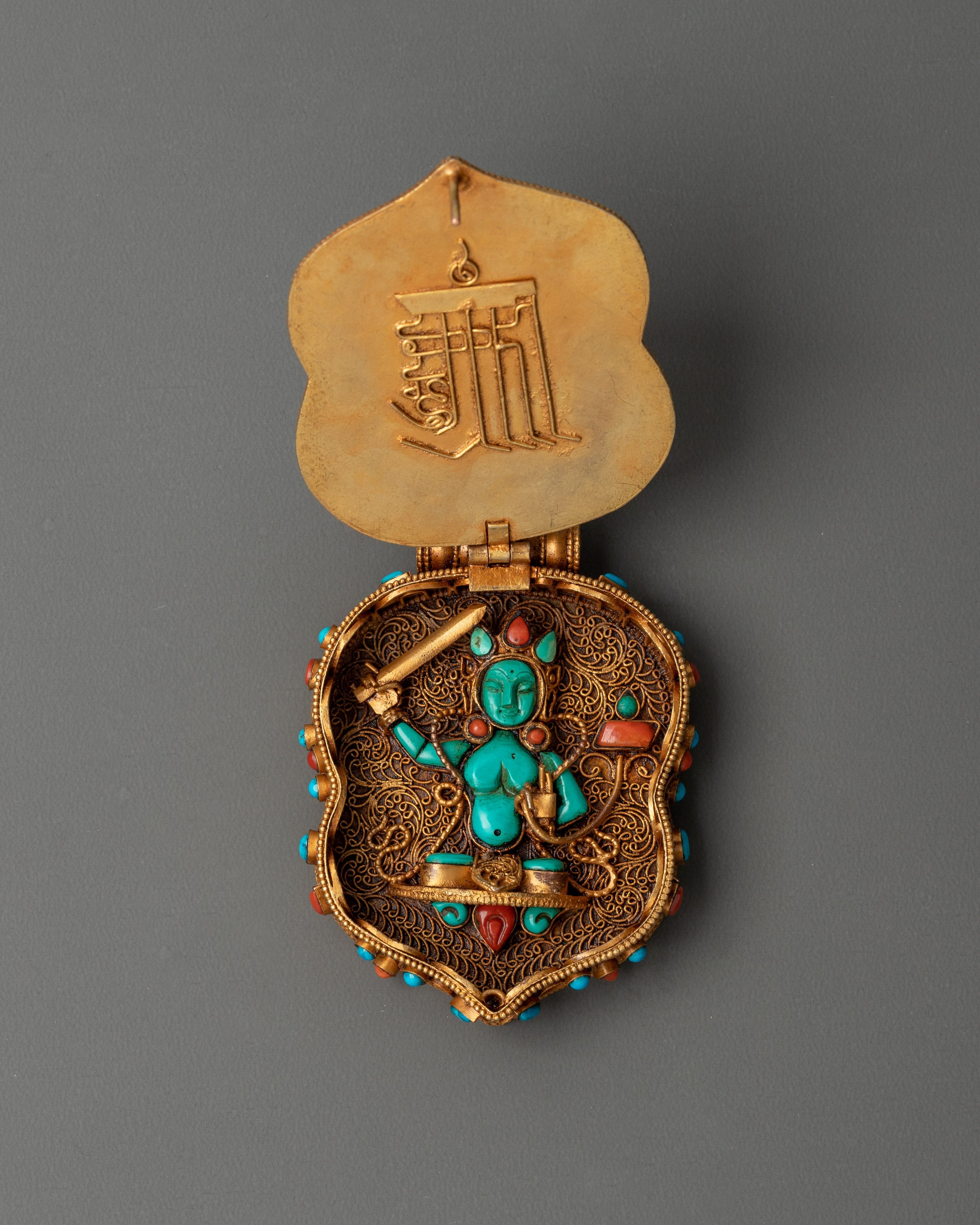 Gold Plated Deity Pendant with Coral | Sacred Buddhist Amulet Pendant