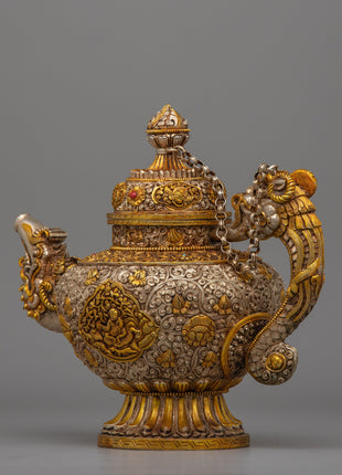 Handcrafted Tibetan Tea Pot with Gold & Silver Plating | Traditional Buddhist Decor