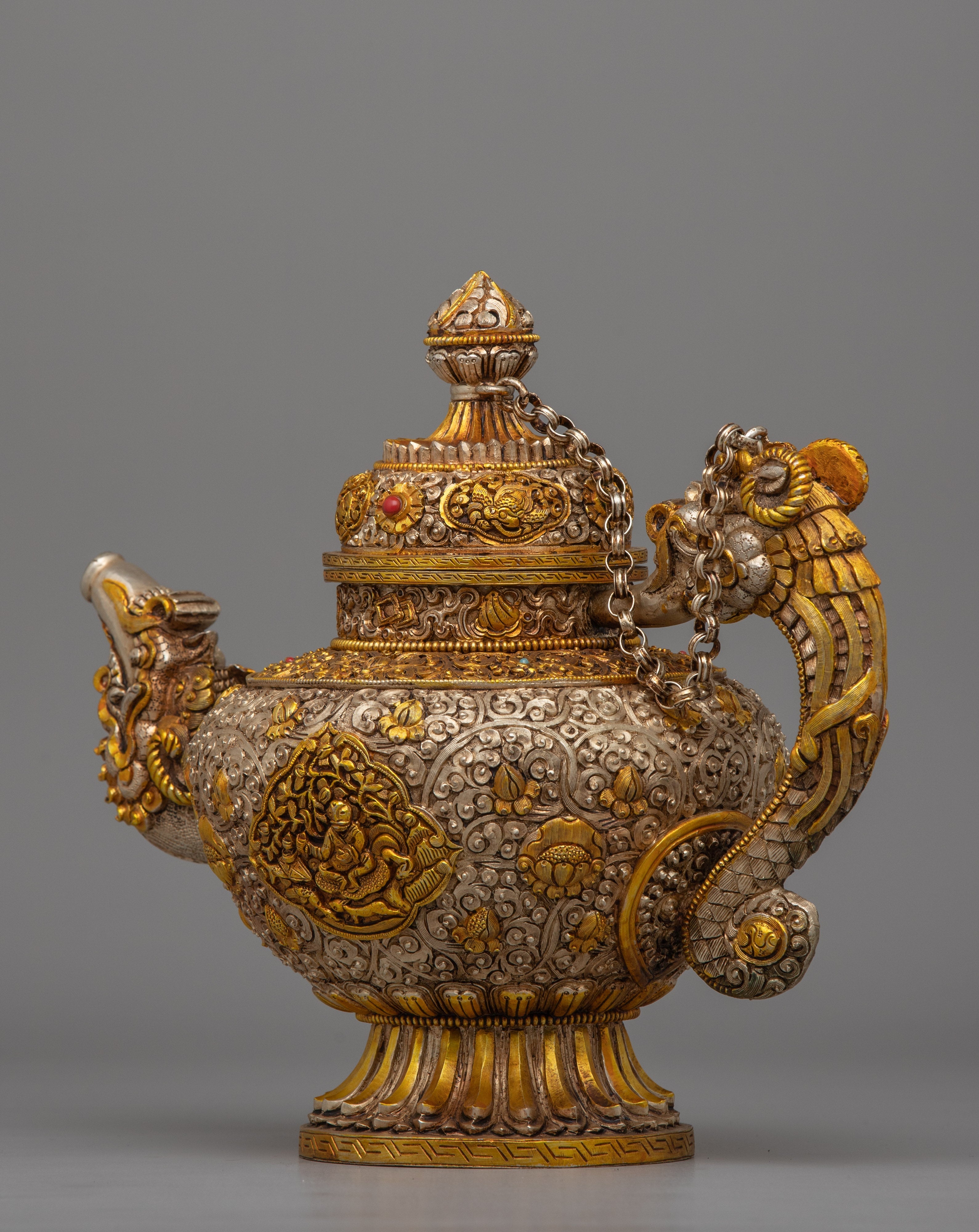 Handcrafted Tibetan Tea Pot with Gold & Silver Plating | Traditional Buddhist Decor