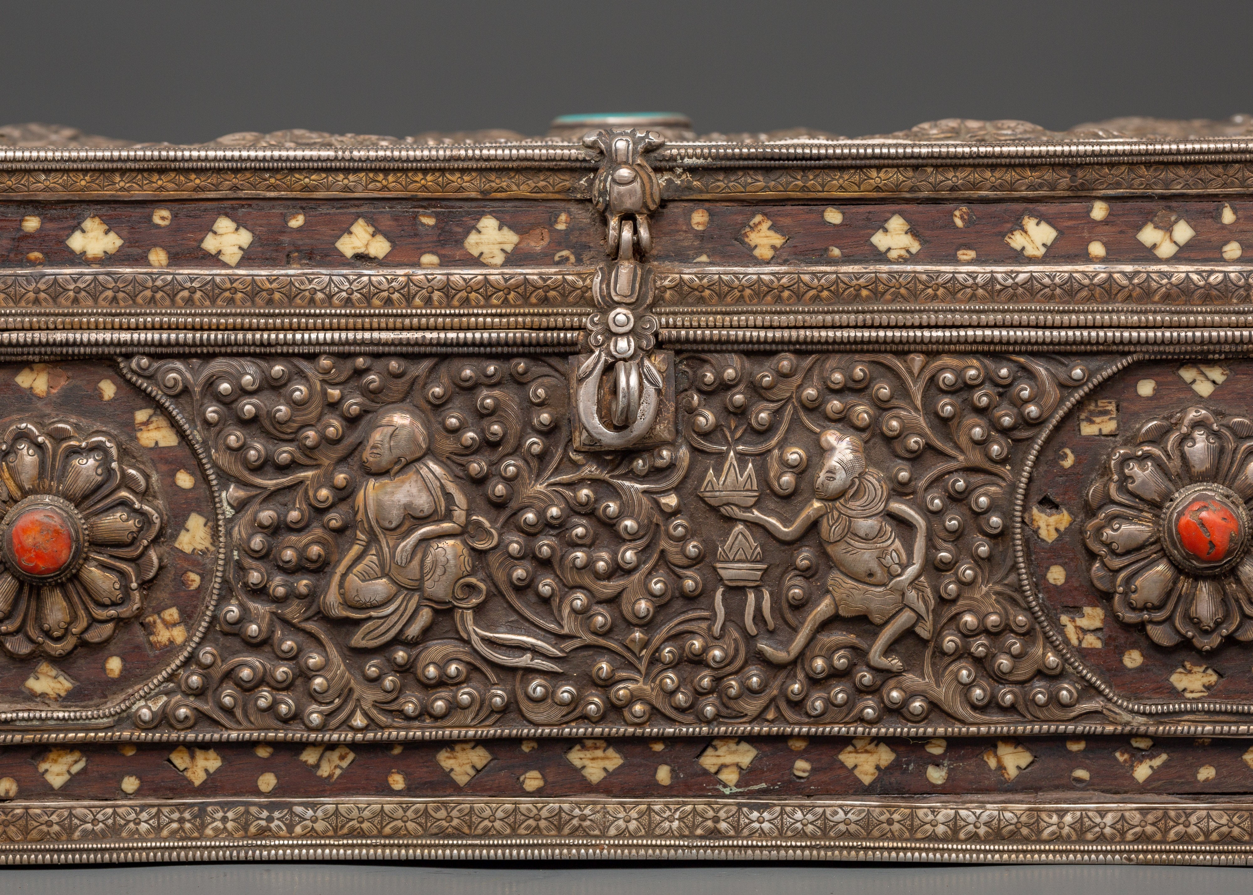Pure Silver Treasure Box with Coral & Turquoise | Decorative Storage Box