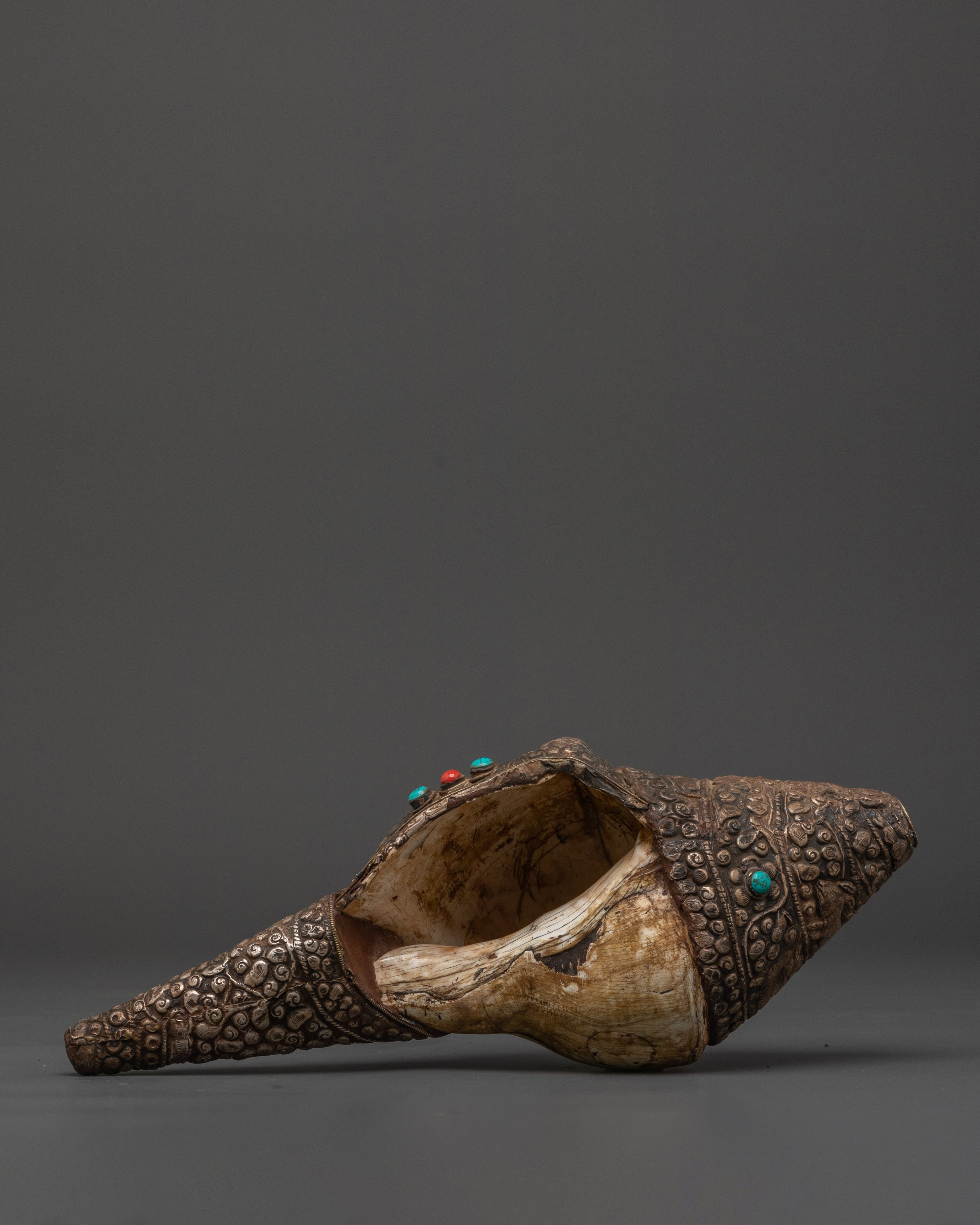 Buddhist Copper Conch Shell | Tibetan Ritual Trumpet with Coral and Turquoise