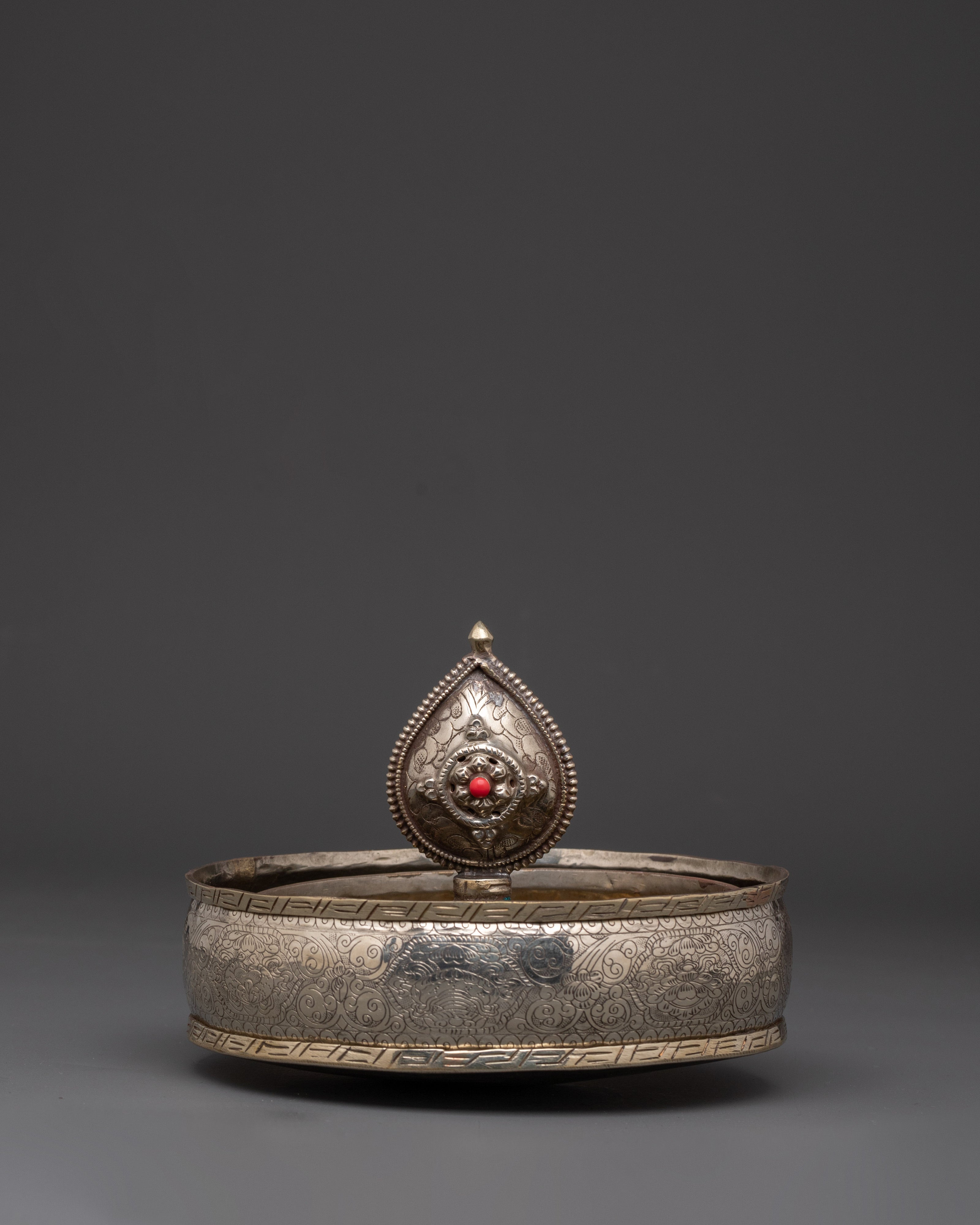 Handmade Tibetan Mandala Set | White Metal Mandala Offering Set with Coral Inlay
