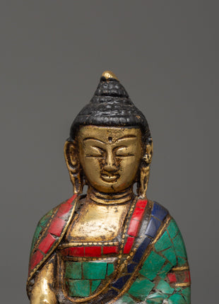 Beautiful Shakyamuni Buddha | Brass with Turquoise & Coral Inlay