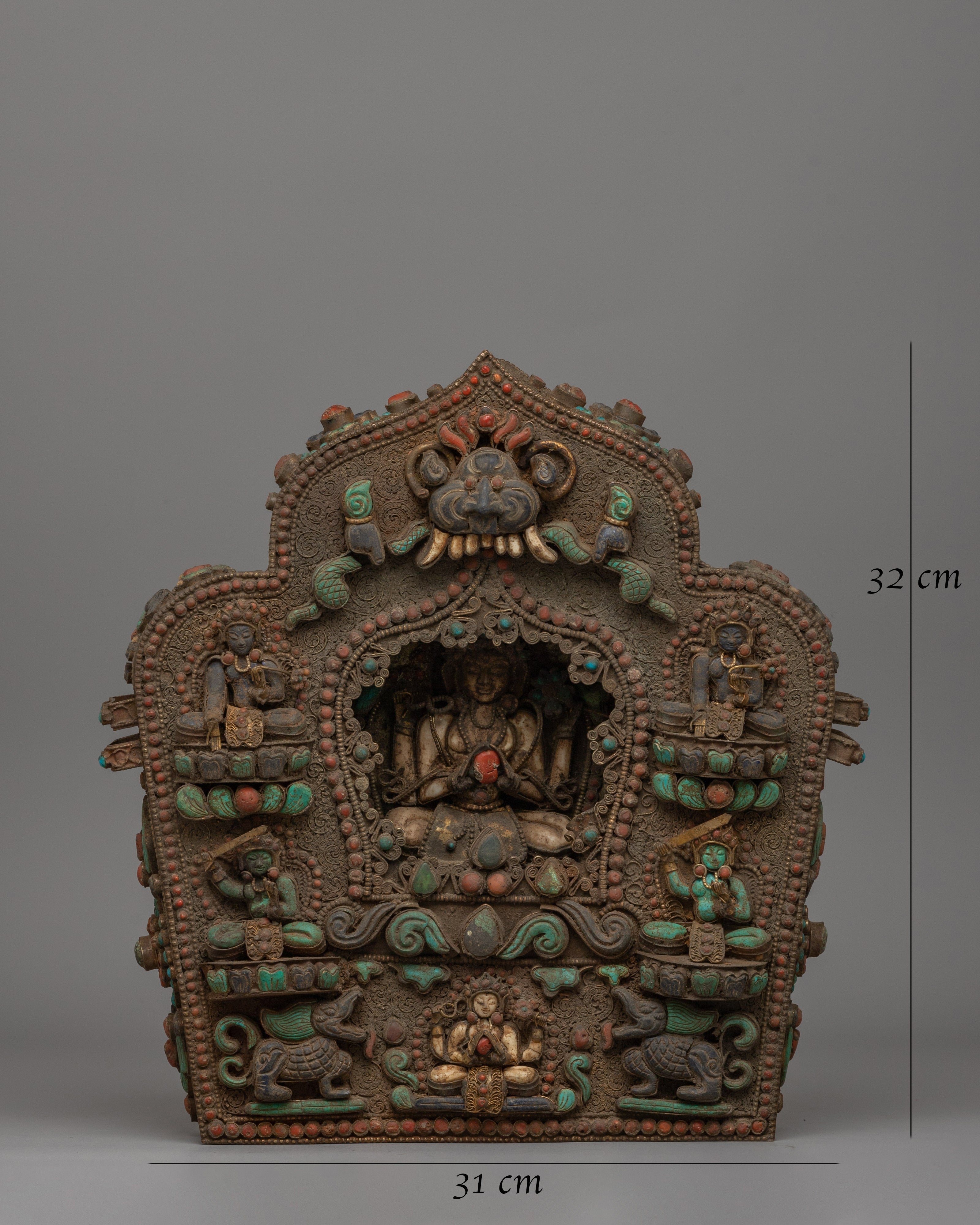 Chenrezig Ghau Box with Turquoise and Coral | Tibetan Amulet Box