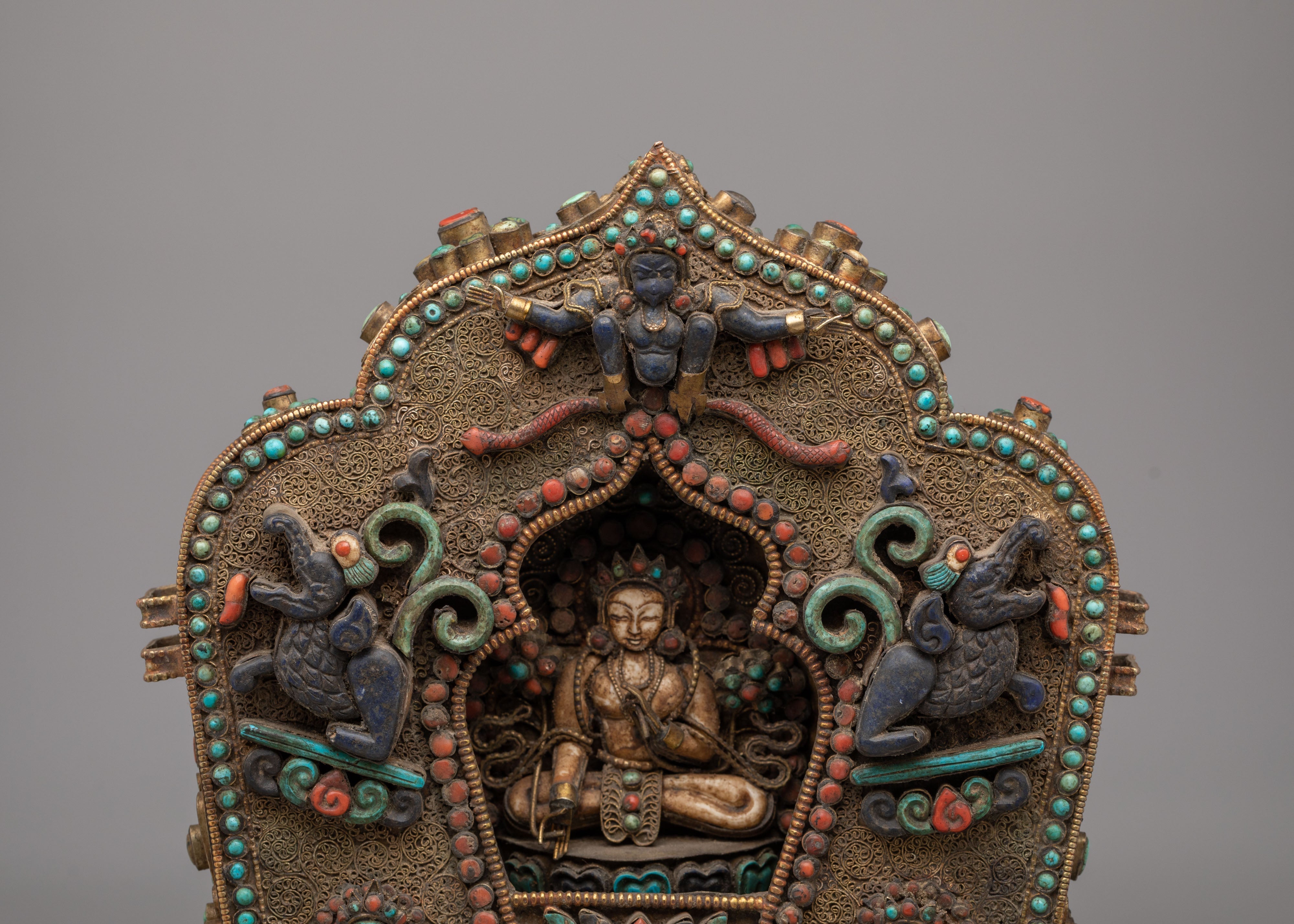 Handcrafted Ghau Box with Deity | Copper Ritual Box with Gemstones