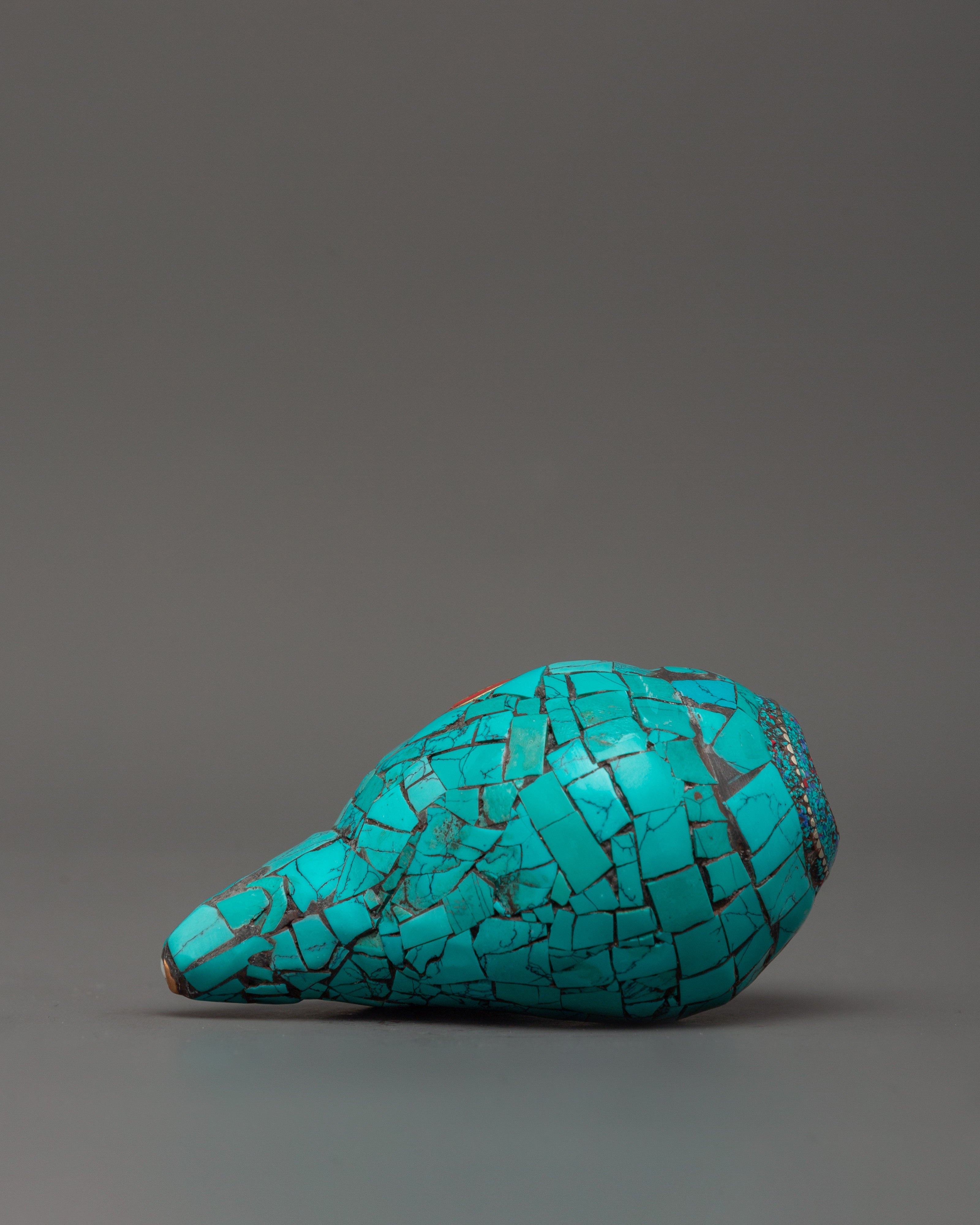 Conch Shell With Turquoise and Coral Stones | Buddhist Ritual Conch
