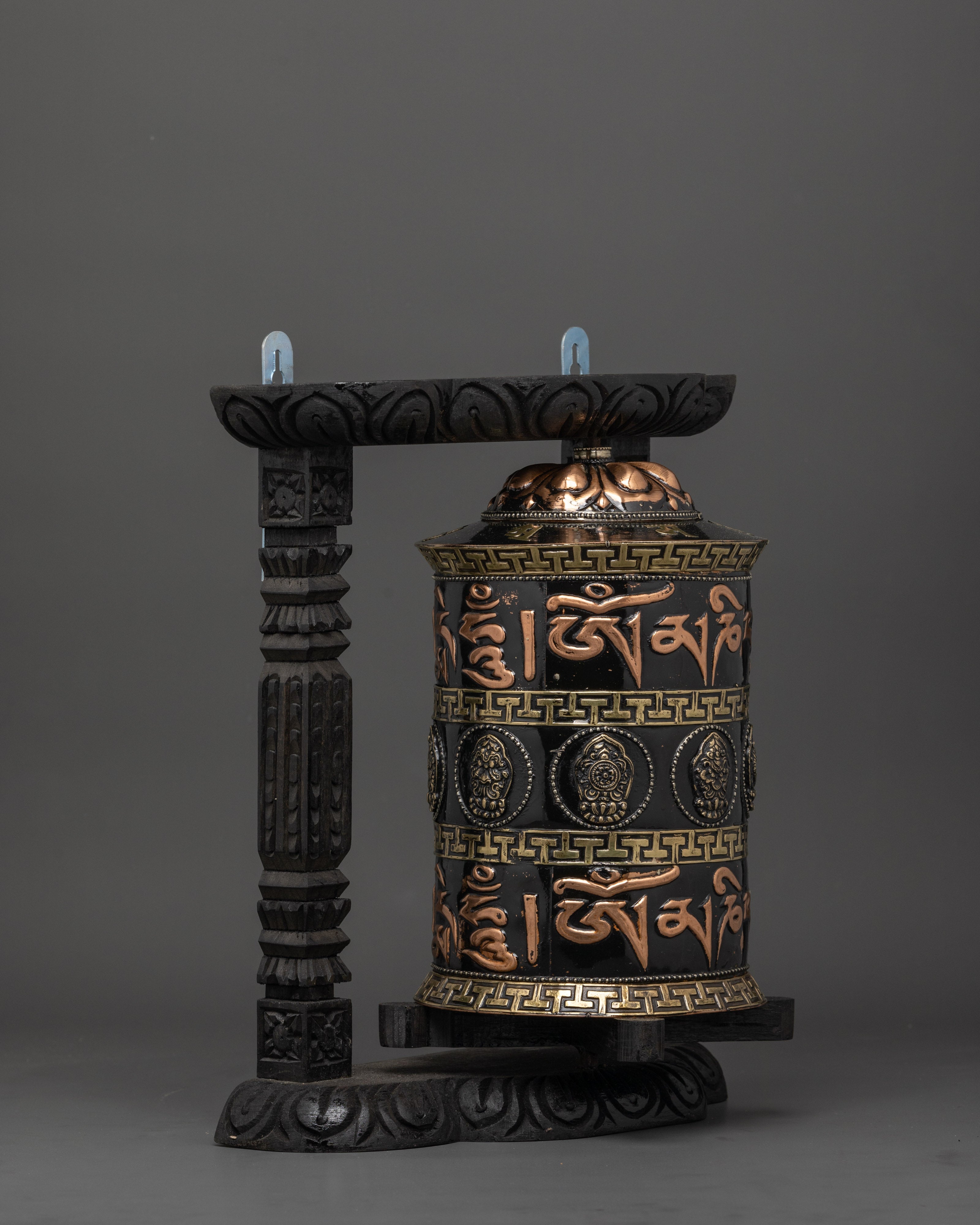 Copper & Brass Prayer Wheel | Sacred Black Wood Frame