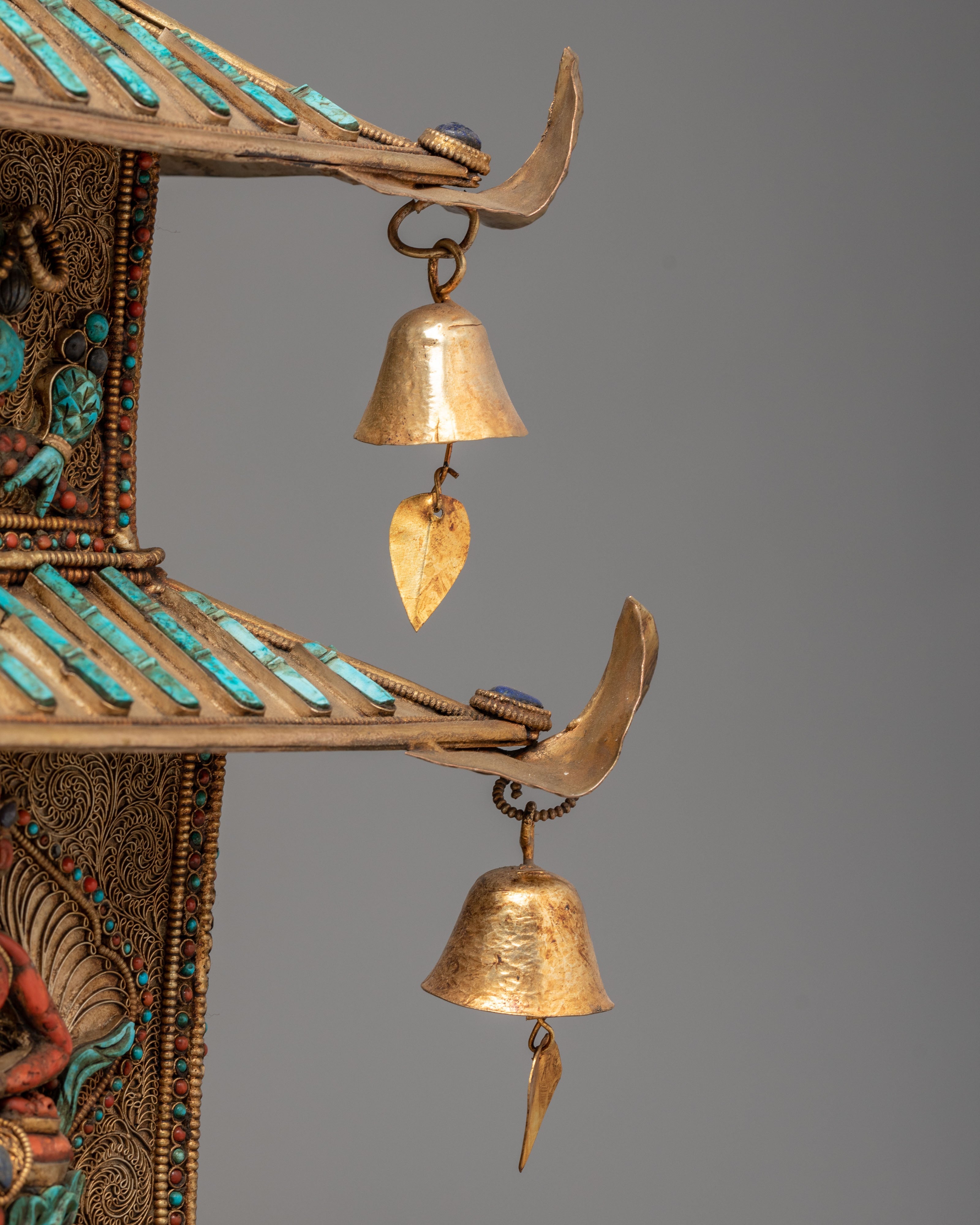 Tibetan Stupa with Deities and Turquoise Inlays | Copper & Semi-Precious Stones