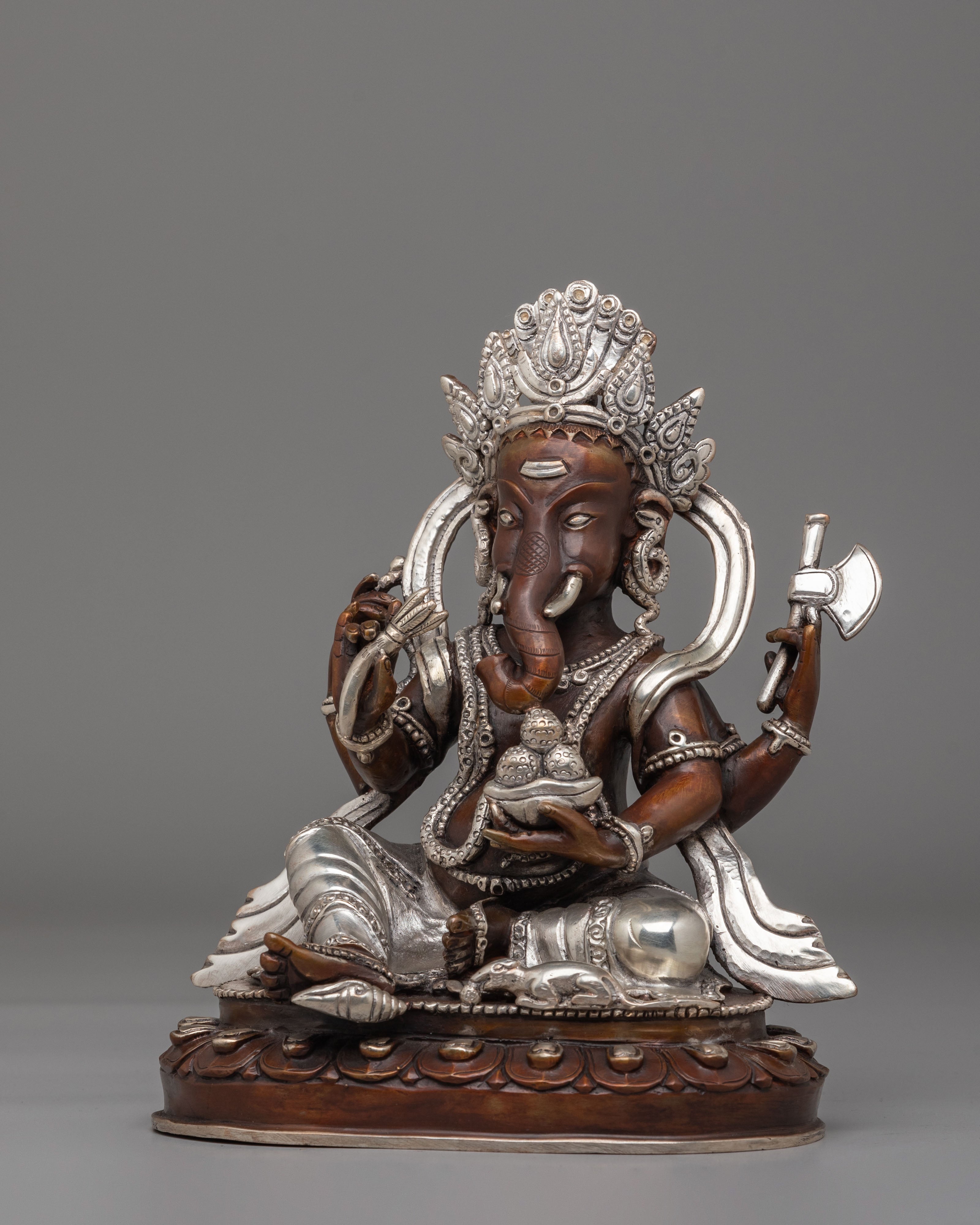 Handcrafted Lord Ganesha Statue | Oxidized Copper Body with Silver Plating
