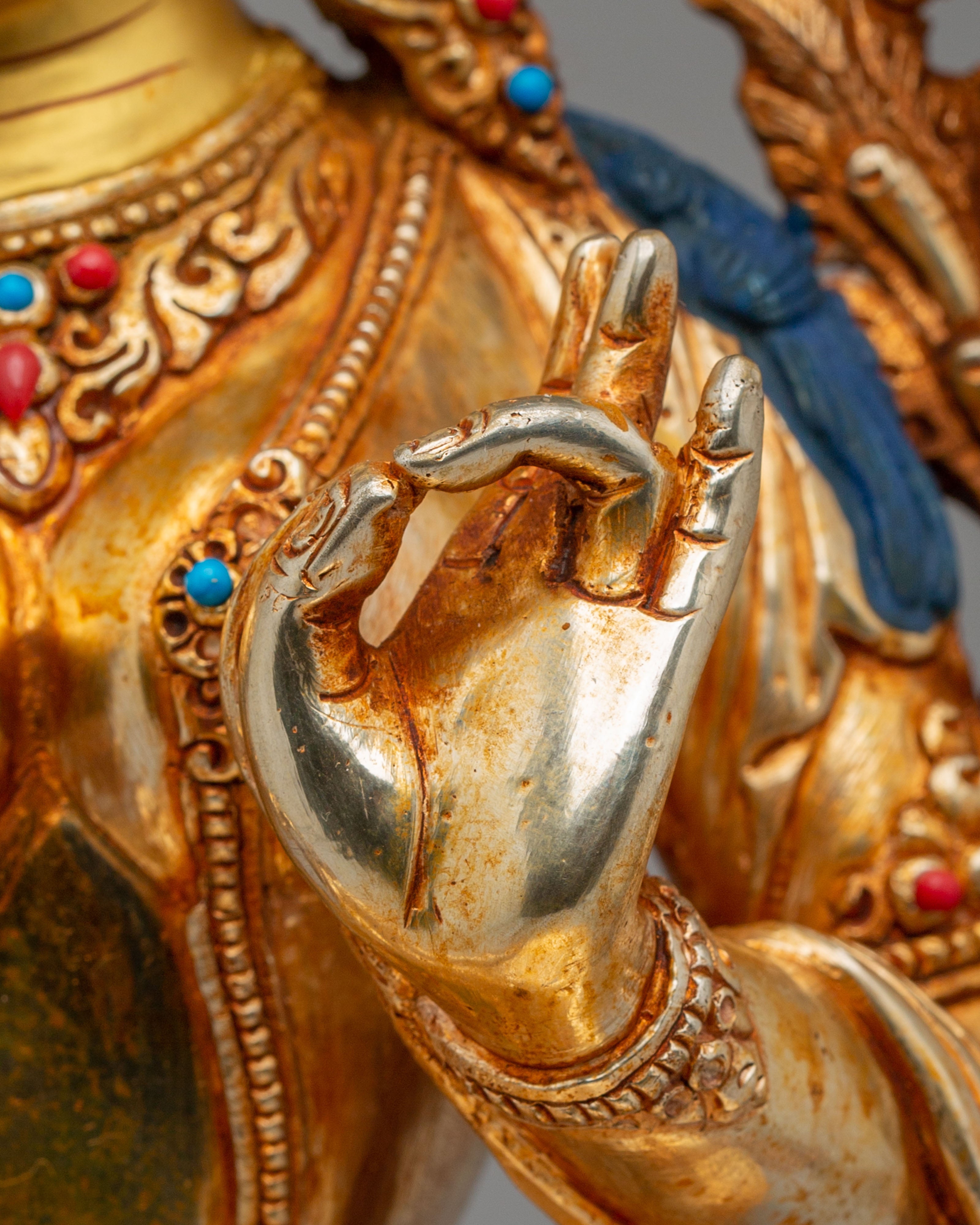 Handcrafted Green Tara Altar Sculpture | 24K Gold Plated Copper Statue