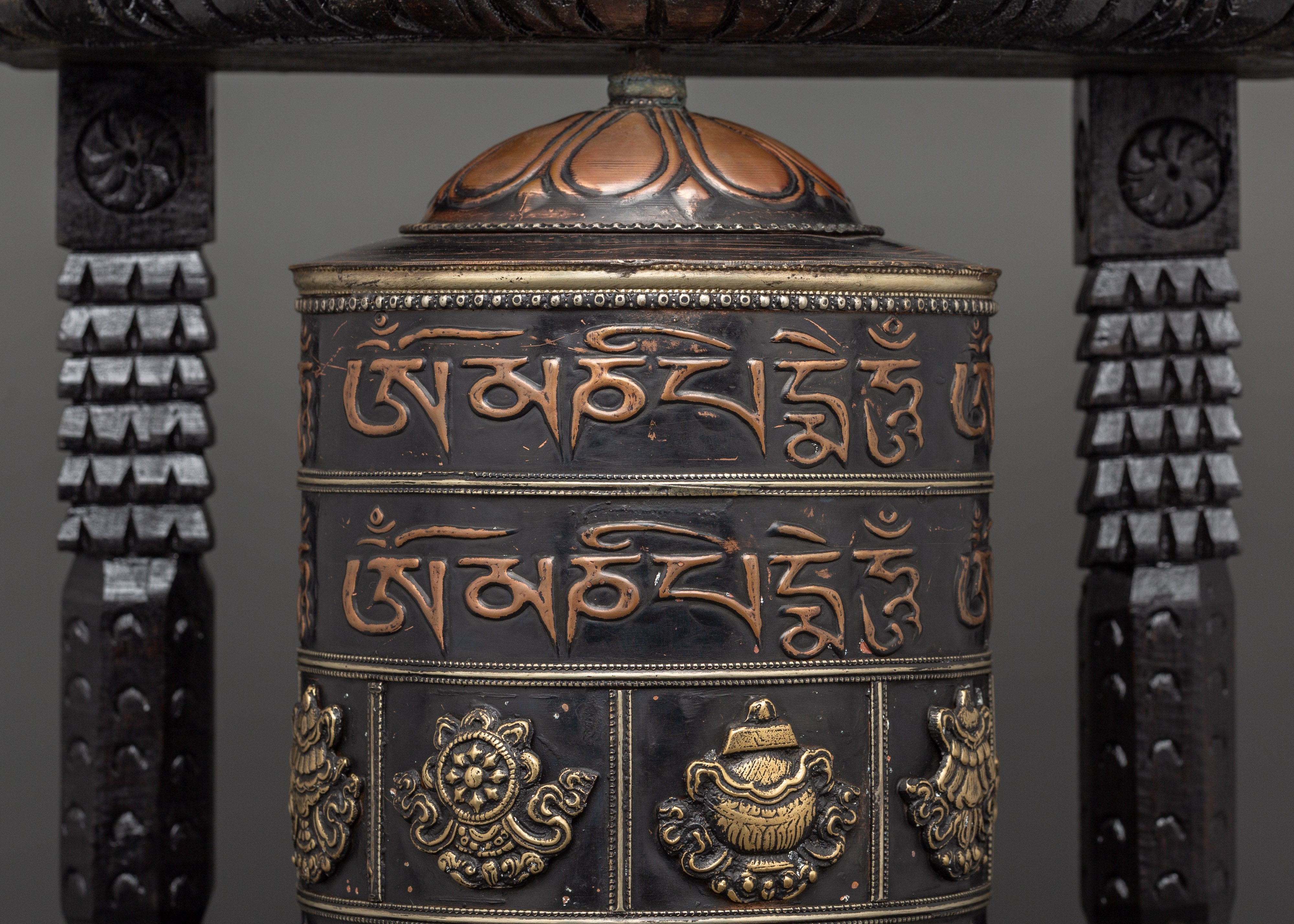 Prayer Wheel Carved with Wooden Frame | Copper & Brass Mantra Wheel